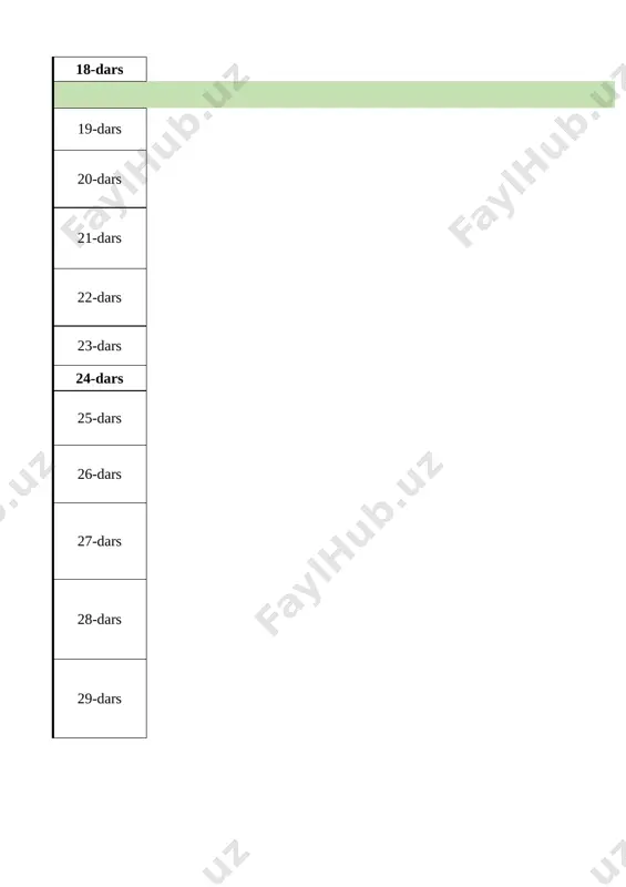 lish. 1 18-dars 2-nazorat ishi. futbol. 1 ii chorak 19-dars gimnastika. buyumsiz va buyumlar (to‘ldirma to‘p, gimnastik tayoq, arg‘amchi, gardish va boshqalar) bilan mashqlarni bajarish. 1 20-dars gimnastika. sakrashlar, cho‘qqayib o‘tirishlar, har xil yo‘nalishda egilish va tayanish mashqlar majmuasini bajarish. arg‘amchida 1 daqiqa davomida sakrash. 1 21-dars gimnastika. akrobatika: o‘g‘il bolalar - oldinga, orqaga umbaloq oshish, kurakda turish. qiz bolalar - oldinga, orqaga umbaloq oshish, yarim shpagatga tushish, yordam bilan tik turgan xolatdan “ko‘prik” holatiga o‘tish. 1 22-dars gimnastika. akrobatika mashqlarini takomillashtirish: oldinga, orqaga umboloq oshish; kuraklarda turish; “ko‘prik”. 2-3 ta mashqlardan iborat majmualarni bajarish. 1 23-dars gimnastika. osilishlar. baland va past turniklarda osilish mashqlarini bajarish. gimnastika narvonda tekis va bukilgan oyoqlarni 90° ko‘tarish va tushirish. 1 24-dars 3-nazorat ishi. gimnastika 1 25-dars gimnastika. tirmashib chiqish. gimnastik narvon bo‘ylab yuqoriga, diagonal bo‘yicha tirmashib chiqish va tushish. arqonga tirmashib chiqish (o‘g‘il bolalar - 3 m, qiz bolalar - 2 m) 1 …