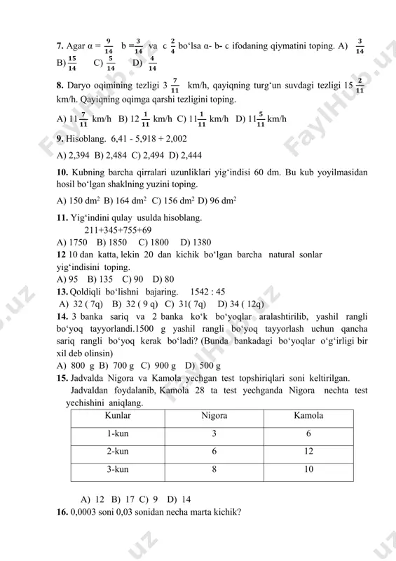2,494 d) 2,444 10. kubning barcha qirralari uzunliklari yig‘indisi 60 dm. bu kub yoyilmasidan hosil bo‘lgan shaklning yuzini toping. a) 150 dm2 b) 164 dm2 c) 156 dm2 d) 96 dm2 11. yig‘indini qulay usulda hisoblang. 211+345+755+69 a) 1750 b) 1850 c) 1800 d) 1380 12 10 dan katta, lekin 20 dan kichik bo‘lgan barcha natural sonlar yig‘indisini toping. a) 95 b) 135 c) 90 d) 80 13.qoldiqli bo‘lishni bajaring. 1542 : 45 a) 32 ( 7q) b) 32 ( 9 q) c) 31( 7q) d) 34 ( 12q) 14. 3 banka sariq va 2 banka ko‘k bo‘yoqlar aralashtirilib, yashil rangli bo‘yoq tayyorlandi.1500 g yashil rangli bo‘yoq tayyorlash uchun qancha sariq rangli bo‘yoq kerak bo‘ladi? (bunda bankadagi bo‘yoqlar o‘g‘irligi bir xil deb olinsin) a) 800 g b) 700 g c) 900 g d) 500 g 15. jadvalda nigora va kamola yechgan test topshiriqlari soni keltirilgan. jadvaldan foydalanib, kamola 28 ta …
