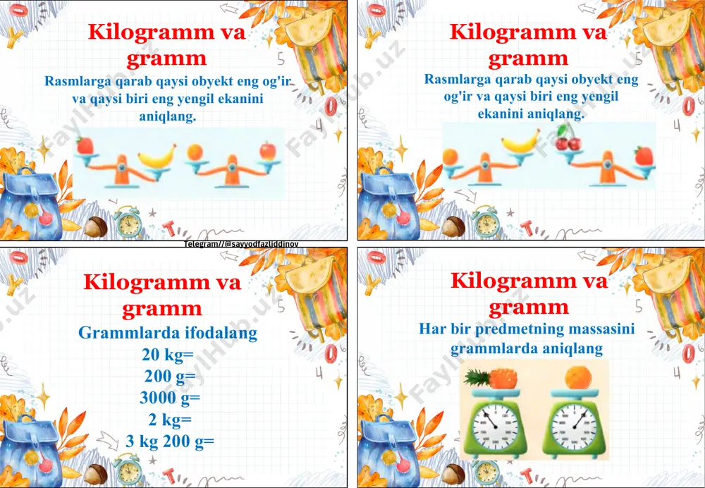 ddinov tonna va sentner tonna va sentner massa birliklari massa birliklari hisoblang. 4 q 7 kg + 2 t 98 kg - 1 t 361 kg= (5 1 - 9 q 44 kg) : 4= 3 • (7 kg 24 g - 5 kg 9 g)= batareykali fonarcha 15000 so‘m turadi. yusuf o‘z puliga fonarcha yoki 4ta batareyka sotib olishi mumkin. uning qancha puli bor? batareyka qancha turadi? berilgan massa birliklarida ifodalang. 4 656 kg = t kg 30 583 g = kg g 720 q = t berilgan massa birliklarida ifodalang. 72 t 482 kg = kg 56 q 73 kg = k g 30 000 kg = t telegram//@sayyodfazliddinov massa birliklari massa birliklari massa birliklari massa birliklari hisoblang. 5 t - 9 q 71 kg= 83 t 550 kg : 3 + 23 q= uyga 500kg yuk ko'tara oladigan lift o'rnatilgan. liftda uchta quruvchi ko'tarilmoqda. ularning massasi 85kg, …