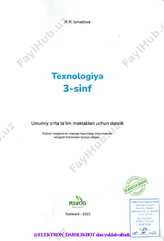 i rangdagi fe tr (10x10 sm) - 3 dona; karton vtulka - 2 dona; yog'och shpatel - 2 dona; naycha - 6 dona; karton quti - 1 dona; havo-pufakli sellofan (10x10 sm) - 2 dona; plastik qopqoq - 4 dona; to'pcha (plastik qopqoq kattaligida) - 1 dona; paxtali cho'pchalar - 4 dona; gofra qog'oz - 2 xil rang; plastik baklajka, yopishqoq tasma; kartonli tuxum qutisi; tikish va kashtachilik uchun ignalar; chambarak, muline ip, tugmalar; mato (10x10 sm) - 3 qiyqim; tikish uchun iplar. 4 @elektron_darslikbot dan yuklab olindi. 1 q o ld iq m a te ria l vi * qo‘l mehnati olami ^0‘q imach/ufc ^aahsulotlaf?/ @elektron_darslikbot dan yuklab olindi. 1-dars rangli qog‘oz \rangli qog‘ozdan qush yasash qog'oz juda qadimiy ixtiro bo'lib, eng mashhur va keng tarqalgan materiallardan biridir. qog'oz ixtiro qilinishidan oldin odamlar ma’lumot yetkazish uchun loydan yasalgan lavhalar, yog‘och taxtachalar, mato, keyinchalik pergament va papirusdan foydalanishgan. qog'oz ilk …