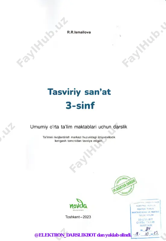i eriydigan bo'yoq. “akva” so‘zi lotin tilidan “suv” deb tarjima qilinadi. akvarel bilan chizilgan rasm ranglarning tiniqligi, mayinligi va tuslarning musaffoligi bilan ajralib turadi. akvarel bo'yoqlari bilan ishlash qoidalari: • agar boshqa rangdagi qurimagan qatlamga bo'yoq surtilsa, ranglar aralashib ketadi. • agar boshqa rangdagi quruq qatlamga bo'yoq surtilsa, ranglar aralashib ketmaydi. • agar ko'proq suv ishlatilsa, rang ocharadi. 1. akvarel bo'yoqlarining qanday xususiyatlari bor? 2. akvarel bo'yog'ining rangini qanday qilib ochartirish mumkin? @elektron_darslikbot dan yuklab olindi. akvarelda guidon chizamiz 1-dars ik @elektron_darslikbot dan yuklab olindi. 2-dars guashda rasm chizamiz suvda eriydigan yelim asosli bo'yoqlar “guash” deb ataladi. bu so‘z fransuz tilidan kelib chiqqan bo'lib, “gouache” so'zi “suvli bo‘yoq” degan ma’noni anglatadi. guashning o‘ziga xosliklari: • guash ajoyib qoplanish xossasiga ega. shu sababli guashda bo'yash orqali ishdagi xatoliklarni bekitish juda oson. • bu bo'yoq hidsiz. • guash bilan ishlangan rasmlar tez quriydi. 1. guashning afzalligi nimada? 2. guash akvareldan nimasi bilan …