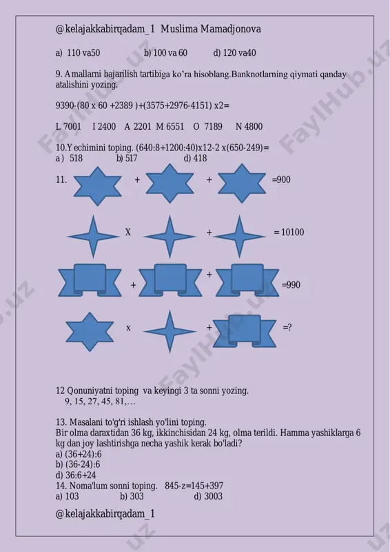 m…. 435cm= ….dm.. . cm 17. uzunligi 24 sm bo'igarn kes:naning uchdan bir bo'lagini toping. a) 8sm b) 9sm d) 7sm 18rim raqamlarini hisoblang lxxiv-xxxix= cxxvi+cxxxv= xxv+viii= lix-ix= 19. to’g’ri javobni toping: 63:7 + 40:8 a) 14 b) 13 d) 15 20. tomonlari 5 sm va 4 sm bo’lgan to’g’ri to’rtburchakning perimetrini toping. a) 18 sm b) 20 sm d) 48 sm 1 8 5 9 13 17 15 13 19 13