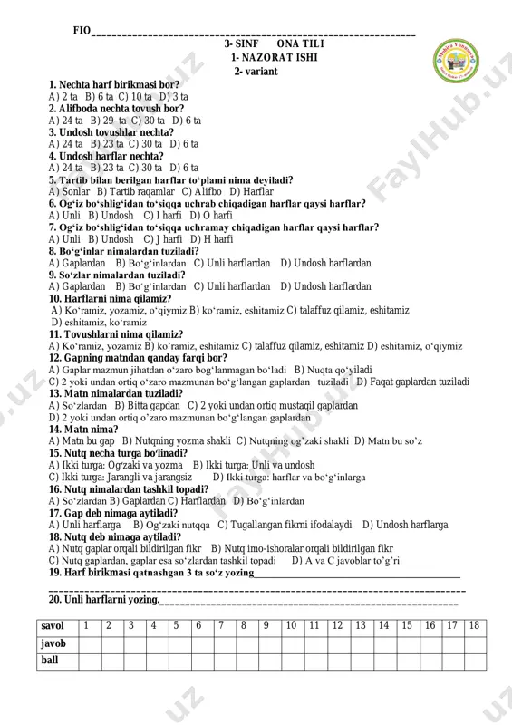3 ta c) 30 ta d) 6 ta 16. undosh tovushlar nechta? a) 24 ta b) 23 ta c) 30 ta d) 6 ta 17. alifboda nechta tovush bor? a) 24 ta b) 29 ta c) 30 ta d) 6 ta 18. nechta harf birikmasi bor? a) 2 ta b) 6 ta c) 10 ta d) 3 ta 19. unli harflarni yozing.__________________________________________________________ 20. harf birikmasi qatnashgan 3 ta so‘z yozing________________________________________ _________________________________________________________________________________ savol 1 2 3 4 5 6 7 8 9 10 11 12 13 14 15 16 17 18 javob ball fio_______________________________________________________________ 3- sinf ona tili 1- nazorat ishi 2- variant 1. nechta harf birikmasi bor? a) 2 ta b) 6 ta c) 10 ta d) 3 ta 2. alifboda nechta tovush bor? a) 24 ta b) 29 ta c) 30 ta d) 6 ta 3. undosh tovushlar nechta? a) 24 ta b) 23 ta c) 30 ta d) …