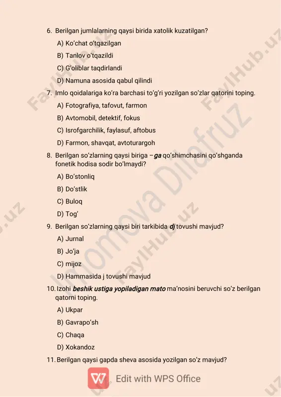 nosini ifodalovchi so’z qaysi? a) tuyg’u b) ijod c) palla d) havas 14. qaysi qatordagi so’zlar paronim emas? a) ravon, yod b) shoh, yod c) sur’at, sava d) dim, nish 15. “bastakor” she’rining muallifi kim? a) a. oripov b) muhammad yusuf c) omon matjon d) po’lat mo’min 16. mag’zini chaqmoq iborasining ma’nosini yozing javob__________________________________________________ 17. “bastakor” she’ridan bu kasb egasiga xos sifatlarni topib yozing imomova dilafruz javob____________________________________________________ 18. belgi bildiruvchi sifatlarga misol keltiring javob____________________________________________________ 19. meros so’zining ma’nosini yozing javob____________________________________________________ 20. yasama sifatlarga misollar yozing javob__________________________________________________ tuzuvchi: imomova dilafruz