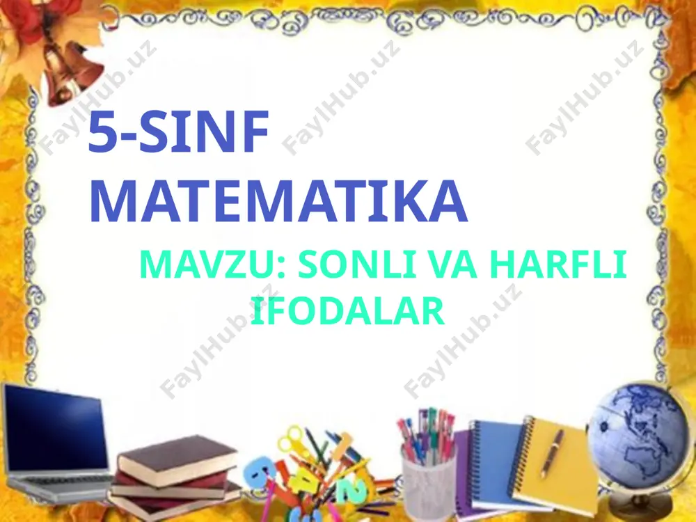 chish: a) b) c) d) 189-misol. harfli ifodaning qiymatini toping: , bunda , bunda yechish: a) da da da b) da da da 190-misol. a) , bunda harfli ifodaning qiymatini toping: yechish: da da da javob: da 116 da 118 da 120 uyga vazifa: 195-196 -misollar e’tiboringiz uchun rahmat! image1.png image2.jpeg image3.jpeg image4.jpeg image5.png image6.png image7.jpeg image8.jpeg image9.png image10.png image11.png image11.jpeg image12.png image13.jpeg image15.png image14.png image16.png image17.png image18.png image19.png image20.png image21.png image22.png image23.png image24.png image25.png image26.png image27.png image28.png image29.png image30.png image31.png image32.png