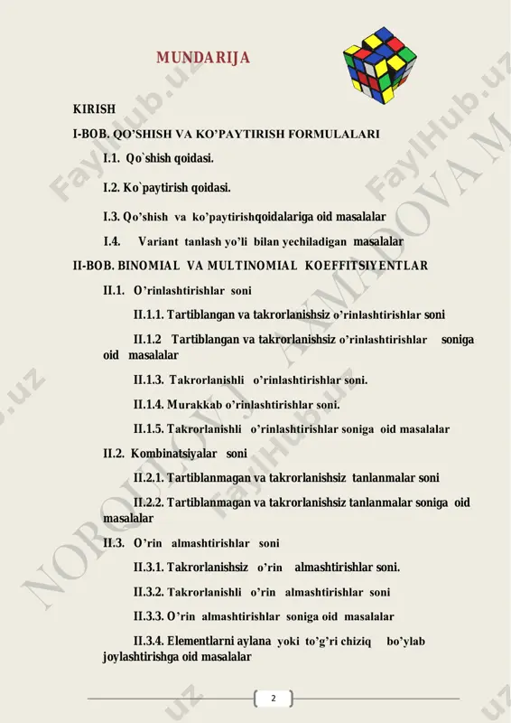 onini aniqlashdan iboratdir. kombinatorika ob‟yekti deb qaralayotgan to‟plamning ma‟lum bir xususiyatga ega bo‟lgan elementiga aytiladi. matematikaning bir to`plam elementlaridan, talab qilingan shartlarni qanoatlantiruvchi xar xil birlashmalarni (kombinatsiyalarni) tuzish haqidagi masalasini o`rganish sohasi kombinatorika deyiladi. ba‟zi kombinatorika ehtimollar nazariyasiga kirish deb qaraladi, chunki kombinatorika usullari ehtimollar nazariyasi hodisa voqealarni biror aniq xolatda o`rganishda muxim ahamiyatga ega. ehtimollar nazariyasida “birlashma” (kombinatsiya) deb aytishning o`rniga “tanlanma” deb aytish qabo`l qilingan. kombinatorikada tanlanma o`rinlashtirish, o`rinalmashtirish, gurppalash (guruhlash) ko`rinishda qaraladi. 5 i-bob qo’shish va ko’paytirish qoidalari eric temple bell: “obvious-is the most dangerous word in mathematics” ushbu bobda kombinatorikamasalalarini yechishda yordam beradigan ikkita umumiy qoida: 1. qo`shish qoidasi 2. ko`paytirish qoidasi larni o‟rganamiz. kombinatorikaning boshqa formulalari ham shu qoidalar va ularning natijalariga asoslangan holda keltirilib chiqariladi. shuning uchun ham bu qoidalar kombinatorikada juda muhim o‟rin egallaydi. 6 i.1. qo`shish qoidasi. agar biror predmetni usul bilan predmetni usul bilan (lekin xuddi kabi emas) tanlash mumkin bo`lsa, …