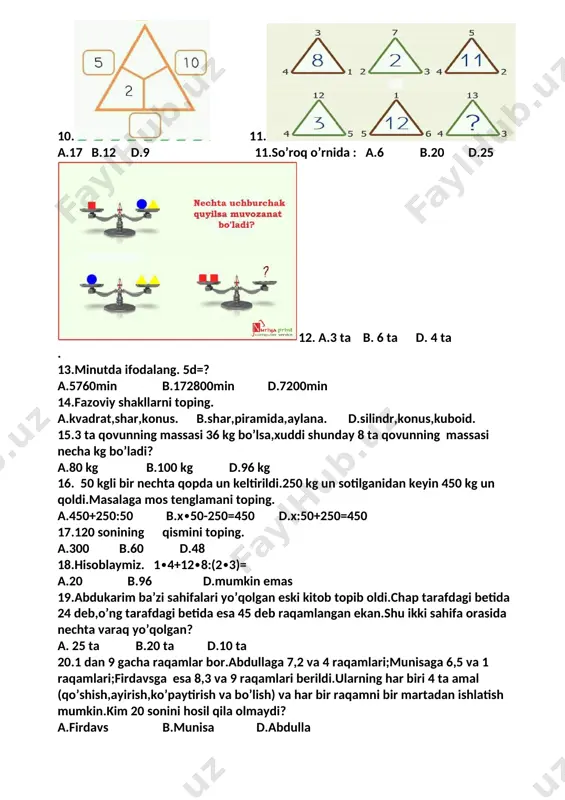 esa 8,3 va 9 raqamlari berildi.ularning har biri 4 ta amal (qo’shish,ayirish,ko’paytirish va bo’lish) va har bir raqamni bir martadan ishlatish mumkin.kim 20 sonini hosil qila olmaydi? a.firdavs b.munisa d.abdulla 21.noto’g’ri mulohazani toping. a. havo harorati qancha yuqori bo’lsa,unda shuncha ko’p suv bug’i bo’ladi. b. ba’zi dengiz va ko’llarning suvi butunlay qurib,o’rnida tuz konlari paydo bo’lgan. d. oy yerdan 10 marta kichik,og’irligi esa yerning og’irligidan 100 marta kam. 22 .yerning tashqi kuchlarini toping. a. quyosh nuri,yog’inlar,zilzila b. shamol,zilzila,vulqon d.shamol,quyosh nuri,yog’inlar 23. quyosh sistemasidagi 8 ta sayyoralarni to’g’ri ketma-ketlikda yozing._________ 24.foydali qzilmalarni yozing._____________________________________________ 25.tabiatda suvning aylanishi qanday bo’ladi?________________________________ _________________________________________________________________________ [bookmark: _goback]__________________________________________________________________________ image5.jpeg image6.png image1.png image2.png image3.jpeg image4.jpeg