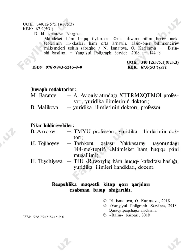 š. sonlšqtan da siz tek sabaqlšqta berilgen maǵlšwmat- lar menen sheklenip qalmastan www.lex.uz saytš arqalš nšzamshšlšqtaǵš ózgerislerdi baqlap barsańšz, dúnyaqarasšńšz jánede keńeyedi, bul ta- rawda jánede kóbirek bilimlerge iye bolasšz. ózbekstan respublikasš konstituciyasšnšń 24 jšllšǵšna arnalǵan bayram ilajšnda prezidentimiz shavkat mirziyoev bul máselege ayršqsha dšqqat qaratšp, nšzam ústemligin támiyinlewde huqıqšy máde- niyattš arttšršw puqaralardš nšzamǵa húrmet ruwxšnda tárbiyalaw ayršqsha áhmiyetke iye ekenligin aytšp ótti. aziz oqšwshš! qolšńšzdaǵš sabaqlšq tómengi klasslarda alǵan bilimlerińiz- di dawam ettiredi hám tolšqtıradš, huqıqšy bilimlerińizdi keńeytedi. mádeniyatqa iye bolšw bolsa ózińizdiń qolšńšzda. nšzamlardš bilmegen adam búgingi kúnde óz huqıq hám min- netlemelerin bilmeydi. ol turmšsta qandayda bir qšyšn jaǵdayǵa túsip qalǵanda, jaǵdaydan qalay shšǵšp ketiwdi, mashqalanš qalay sheshiw- di bilmey, qorǵawsšz bolšp qalšwš múmkin. bir danšshpan «eń jaqsš erkinlik — bul nšzamlarǵa ǵárezli bolšw», degen eken. sebebi, nšzam ústemligi mámlekette tšnšshlšq-turaqlšlšq, erkinlik hám demokratiyalšq principler húkim súriwiniń kepili bolšp tabšladš. bul tarawdaǵı bilimlerińizdi bekkemlewde, hám joqarı …