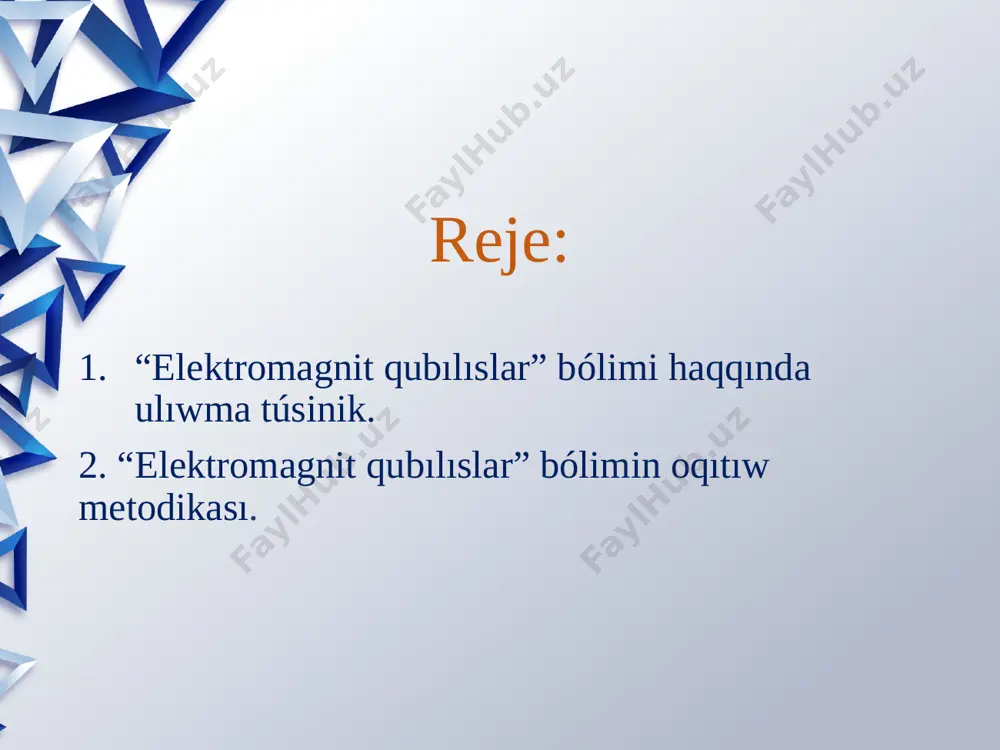a hesh qanday tásir etpeydi. óziniń magnitlengen halın uzaq waqıt joǵaltpaytuǵın dene turaqlı magnit dep ataladı. hár qanday denende eki – arqa hám qubla polyusler boladı. magnitlerdiń qubla polyusı s háribi (inglisshe “south” – “qubla” sóziniń bas háribi) menen, al arqa polyusı bolsa n háribi (inglisshe “north” – “ arqa” sóziniń bas háribi) menen belgilenedi. ádette, qubla polyus (s) qızıl, arqa polyus (n) kók rende boladı. magnitlerdiń átirapında payda bolatuǵın maydan magnit maydanı dep ataladı. magnit maydandı hárekettegi zaryad yaki elektr tokı payda etedi. magnit maydannıń elektr maydan menen baylanıslılıǵın birinshi bolıp tájiriybede daniyalı fizik x.ersted anıqlaǵan. ol toklı ótkizgishke magnit maydanınıń magnit strelkasına tásirin úyrengen. magnit maydandı magnit maydan indukciya vetorı - xarakterleydi. ii. elektromagnit hádiyseler bólimin oqıtıw metodikası. sabaq barısı: shólkemlestiriw; ótilgen temanı bekkemlew; taza temanı túsindiriw; taza temanı bekkemlew; úyge tapsırma beriw; bahalaw hám sabaqtı juwmaqlaw. bilimlendiriwlik maqseti: toktıń magnit maydanı boyınsha tıykarǵı túsinik hám shamalar haqqında …
