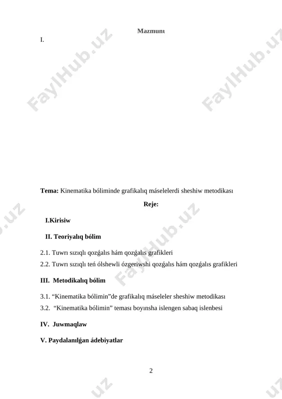 ánigelerdi jaratıw máselesi ayrıqsha orındı alǵan. prezidentimiz sh.m.mirziyoyev óziniń jaslarǵa bolǵan pikirlerin tómendegishe keltiredi: “zaman tez ózgerip atır.jaslar pikirlew dárejesi kóp taraw boyınsha bizlerden on, jigirma ese ilgerilep ketken. olarǵa múnásip bolıw ushın hár kúni shuǵıllanıwımız kerek”. hár bir jámiyettiiń keleshegi onıń ajıralmaytuǵın bólegi hám turmıslıq zárúrshiligi bolǵan tálim sistemasınıń qaysı dárejede rawajlanǵanlıǵı menen belgilenedi. házirgi waqıtta tálim processin avtomatlastırıwǵa úlken itibar qaratılmaqta.tálim processin avtomatlastırıwdıń qolaylı qurallarınan biri kompyuter texnologiyalarınan paydalanıw. kompyuterlerdiń keń qollanılıwı oqıtıwshılar tárepinen metodikalıq qollanbalardı tayarlawdaǵı quramalılıqtı sheship, bul procesti avtomatlastırıw imkanin beredi.sol kózqarasqa kóre búgingi kúnde xalqımızdıń bay intellektual miyrası hám ulıwma qádiryatları, zamanagóy mádeniyat, ekonomika, pán, texnika hám texnologiyalar tiykarında jetik qánigeler tayarlaw sisteması islep shıǵıldı hám házirgi waqıtta jedel pátler menen birge ómirge sińip kelmekte. kinematika bóliminde deneniń qozǵalısın onıń qozǵalısqa keltiriwshi sebeplerin esapqa almaǵan halda úyrenetuǵın bólimine kinematika dep ataladı. kinematikanıń tiykarǵı wazıypası denelerdiń qálegen waqıttaǵı koordinataların aniqlawdan ibarat. deneniń koordinatalarınıń waqıtqa baylanıslıǵı …