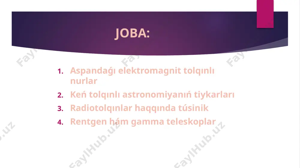 ı gamma nurlar xx ásirdiń ekinshi yarımında kosmonavtikanıń tuwılıwı jasalma joldaslarınıń jer átirapı orbitasına shıǵarılıwı hám olarǵa ornatılǵan qurılmalar jer átirapı tolqında (rentgen hám gamma) nurlanıwshı obiyektlerdiń tabılıwına alıp keledi. sol ushın aqırǵı 10 jıllıqta, kosmoslıq stanciyalarǵa ornatılǵan arnawlı rentgen hám gamma teleskoplar járdeminde tabılǵan kóplegen kúshlerdegi dereklerdi úyreniw imkanın payda boldı. kosmostaǵı rentgen teleskop gamma teleskoplar astrofizikada uzaq ultrafiolet hám infraqızıl diapazonlardaǵı sıyaqlı, rentgen hám gamma diapazonlarındada aspan obiektlerin sistemalı úyreniw baslandı. nátiyjede, búgingi astronomiya keń tolqınlı astronomiyaǵa aylandı. paydalanılǵan ádebiyatlar: 1. m.mamadazimov. astronomiya, 11-klass. t.davr nashriyoti., 2018. internet materialları: www.orbita.uz www.luna.explorer.uz. dıqqatlarıńız ushın raxmet !!! image1.jpeg image2.png image3.png image4.png image5.png image6.png image7.jpg image8.png image9.jpg image10.jpg image11.jpg image12.png image13.png image14.jpg image15.png image16.png image17.png image18.png image19.png image20.png image21.png image22.png image23.png image24.png
