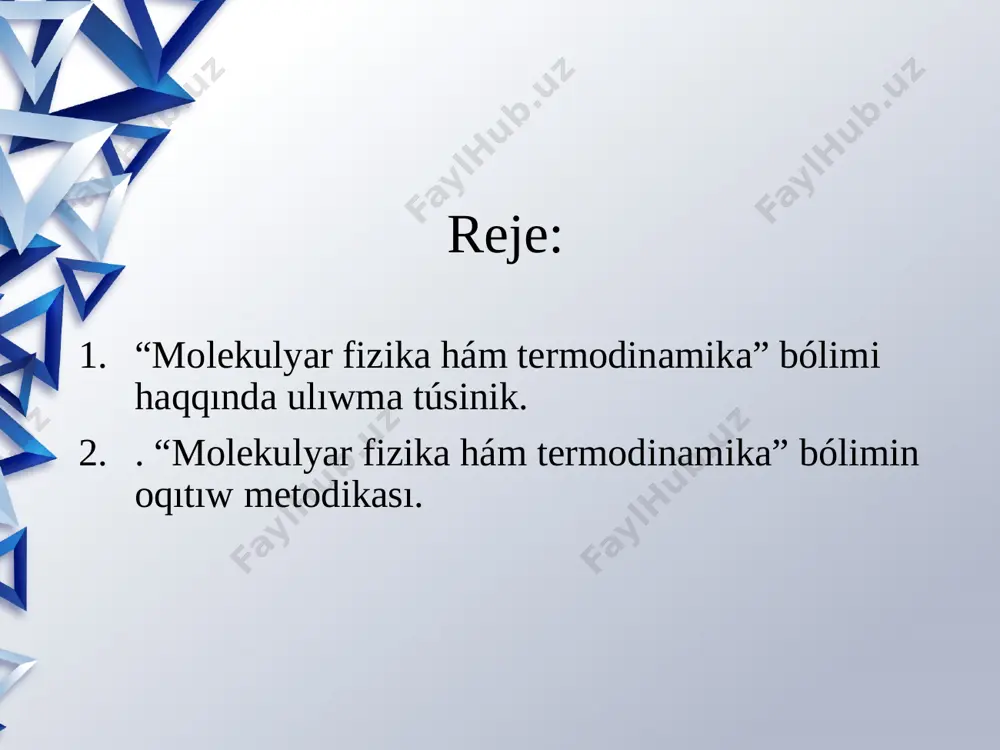 zamı, gey-lyussak nızamı, sharl nızamı, molekulyar-kinetik teoriya sıyaqlı bir qansha quramalı hám áhmiyetli nızamlılıqlardı úyrenemiz. molekulyar-kinetikalıq teoriya tájiriybelerde dálillengen úsh faktorǵa tiykarlanadı: 1. zatlar bólekshelerden — atom hám molekulalardan dúzilgen. 2. atom hám molekulalar toqtawsız hám tártipsiz qozǵaladı. 3. atom hám molekulalar arasında óz ara tartısıw hám iyterisiw kúshleri bar. ii. molekulyar fizika hám termodinamika bólimin oqıtıw metodikası. sabaq barısı: shólkemlestiriw; ótilgen temanı bekkemlew; taza temanı túsindiriw; taza temanı bekkemlew; úyge tapsırma beriw; bahalaw hám sabaqtı juwmaqlaw. bilimlendiriwlik maqseti: toktıń magnit maydanı boyınsha tıykarǵı túsinik hám shamalar haqqında maǵlıwmat beriw. tárbiyalıq maqset: oqıwshılardı ana watanǵa muhabbat,milliy qádiryatlarımızǵa húrmet ruwxında tárbiyalaw rawajlandırıwshı maqset: oqıwshılarda ilmiy dálillerdi analiz hám sintez qılıp juwmaq shıǵara alıw qábiletin rawajlandırıw tayanısh kompetenciya:fizikadaǵı nızam qaǵıydalardı túsinedi hám onnan ámeliyatta qollana aladı pánge tiyisli kompetenciya: arnawlı salıstırma teoriyası teması boyınsha tıykarǵı túsinik hám shamalar haqqında maǵlıwmatqa iye bolıw. sabaqta paydalanılatuǵın metodlar: “klaster”, “soraw-juwap”, “túsinikler analizi”, “test” hám “blic …