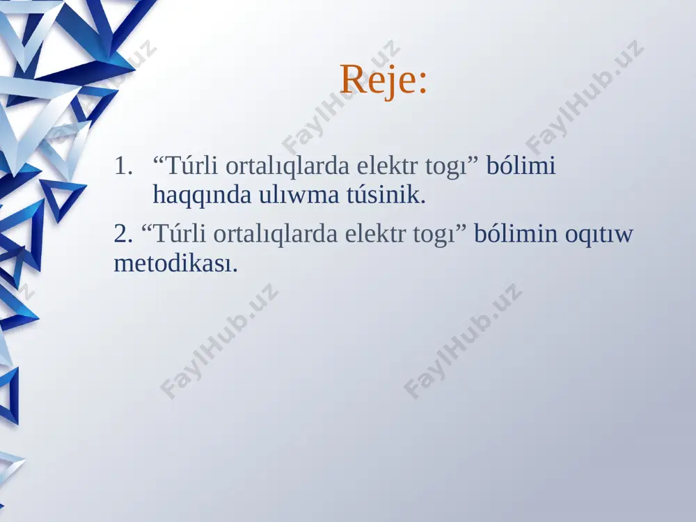ok ótkende elektronlar háreket dawamında qońısılas atomlar menen soqlıǵısadı, nátiyjede otkizgishtiń temperaturası artadı. temperatura artqanda metall ótkizgishtiń ótkiziwsheńligi kemeyedi, al qarsılıǵı bolsa artadı. yaǵnıy ótkizgishten elektr tokı ótkende elektr hám magnit tásirler gúzetiledi. - temperaturadaǵı ótkizgishtiń qarsılıǵı, t- temperatura, r- ótkizgishtiń t temperaturadaǵı qarsılıǵı, – qarsılıqtıń termik koefficienti. ρ - temperaturadaǵı ótkizgishtiń salıstırma qarsılıǵı, ρ - ótkizgishtiń t temperaturadaǵı qarsılıǵı, suyıqlıqlarda ionlarǵa ajıralatuǵın hám usı sebepli elektr togın ótkeretuǵın zarlar elektrolitler dep ataladı. elektrolitten tok ótip atırǵanda elektrodlarda zat ajıralıp shıǵıw qubılısı elektroliz qubılısı dep ataladı. elektroliz waqtında elektrodlardan ajıralıp shıqqan zattıń massası elektrolitten ótken zaryadtıń muǵdarına tuwrı proporcional: m=kq bul faradeydiń birinshi nızamı dep ataladı. elektroliz waqtında elektrolitten ajıralıp shıǵatuǵın zattıń massası sol zattıń molyarlıq massasına, tok kúshine hám waqıtqa tuwrı proporsional, valentligine keri proporsional: bul faradeydiń ekinshi nızamı dep ataladı. ii. túrli ortalıqlarda elektr tokı bólimin oqıtıw metodikası. sabaq barısı: shólkemlestiriw; ótilgen temanı bekkemlew; taza temanı túsindiriw; taza …
