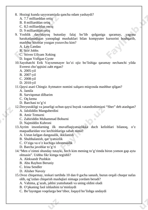 dau b. stiv jobbs c. stiven uilyam xoking d. iogan volfgan gyote 10. sayohatchi erik vayxenmayer ko’zi ojiz bo’lishiga qaramay nechanchi yilda everest cho’qqisini zabt etgan? a. 2005-yil b. 2007-yil c. 2008-yil d. 2010-yil 11. qaysi asari chingiz aytmatov nomini xalqaro miqyosda mashhur qilgan? a. jamila b. sarviqomat dilbarim c. oq kema d. barchasi to’g’ri 12. dovyurakligi va jasurligi uchun qaysi buyuk vatandoshimizni “sher” deb atashgan? a. jaloliddin manguberdini b. amir temurni c. zahiriddin muhammad boburni d. najmiddin kubroni 13. ayrim insonlarning ilk muvaffaqiyatsizlikka duch kelishlari bilanoq, o’z maqsadlaridan voz kechishlariga sabab nima? a. ustun kelgan dangasalik, ikkilanish b. shubhalanish, qat’iyatsizlik c. o’ziga va o’z kuchiga ishonmaslik d. barcha javoblar to’g’ri 14. “men o’zimni shunday tutayki, hech kim mening to’g’rimda biron yomon gap ayta olmasin”. ushbu fikr kimga tegishli? a. aleksandr pushkin b. abu rayhon beruniy c. irina sendler d. alisher navoiy 15. ovoz chiqarmay, teskari tartibda 10 dan 0 …