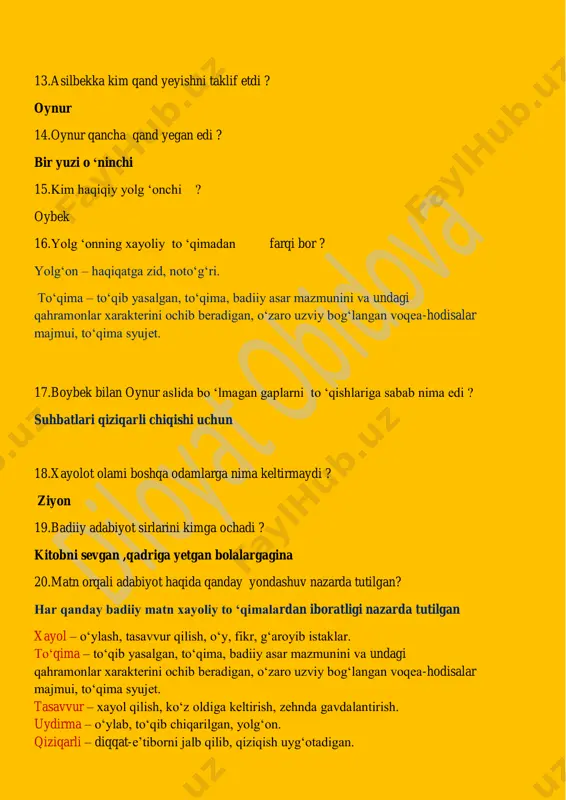ish, ko‘z oldiga keltirish, zehnda gavdalantirish. uydirma – o‘ylab, to‘qib chiqarilgan, yolg‘on. qiziqarli – diqqat-e’tiborni jalb qilib, qiziqish uyg‘otadigan. ezgulik – xayrli, ezgu ish, yaxshilik. yolg‘on – haqiqatga zid, noto‘g‘ri. aldov – yolg‘on-yashiq gap, yolg‘on va’dalar bilan aldash. laqillatish – aldash, yolg‘on gapirish. tuhmat – ayblash, ayblov, birovni nohaq ayblash yoki qoralash maqsadida o‘ylab chiqarilgan asossiz da’vo, bo‘hton. ziyon – zarar, yo‘qotish.