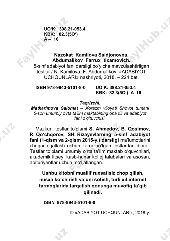 si bo‘lib keladi». a) alisher navoiy b) islom karimov c) abdulla qahhor d) zulfiya 3. badiiy adabiyotning yozma shakli nechta adabiy turga bo‘linadi? a) 2 ta: nasr, nazm b) 3 ta: nasr, nazm (she’riyat), dramaturgiya c) 4 ta: nasr, nazm, she’riyat, dramaturgiya d) 4 ta: nasr, nazm, dramaturgiya, maxsus tur 4. katta-kichik she’rlar, she’riy masallar, ballada va dostonlar adabiyotning qaysi turini hosil qiladi? a) she’riyat b) nasr c) dramaturgiya d) maxsus tur 4 . 1-§. adabiyot – so‘z san’ati 5. ertaklar, hikoya va ocherklar, qissa va romanlar birlashib so‘z san’atining qaysi turini tashkil qiladi? a) she’riyat b) dramaturgiya c) maxsus tur d) nasr 6. kichik sahna asari bo‘lmish intermediyalardan tortib yirik drama, komediya, tragediya singari sahna asarlari mansub bo‘lgan adabiy tur qaysi? a) she’riyat b) nasr c) maxsus tur d) dramaturgiya 7. qaysi adabiy turga mansub asarlar muallif ixtiyoriga ko‘ra she’riy yo‘l bilan ham, nasriy yo‘l bilan ham yozilishi mumkin? …