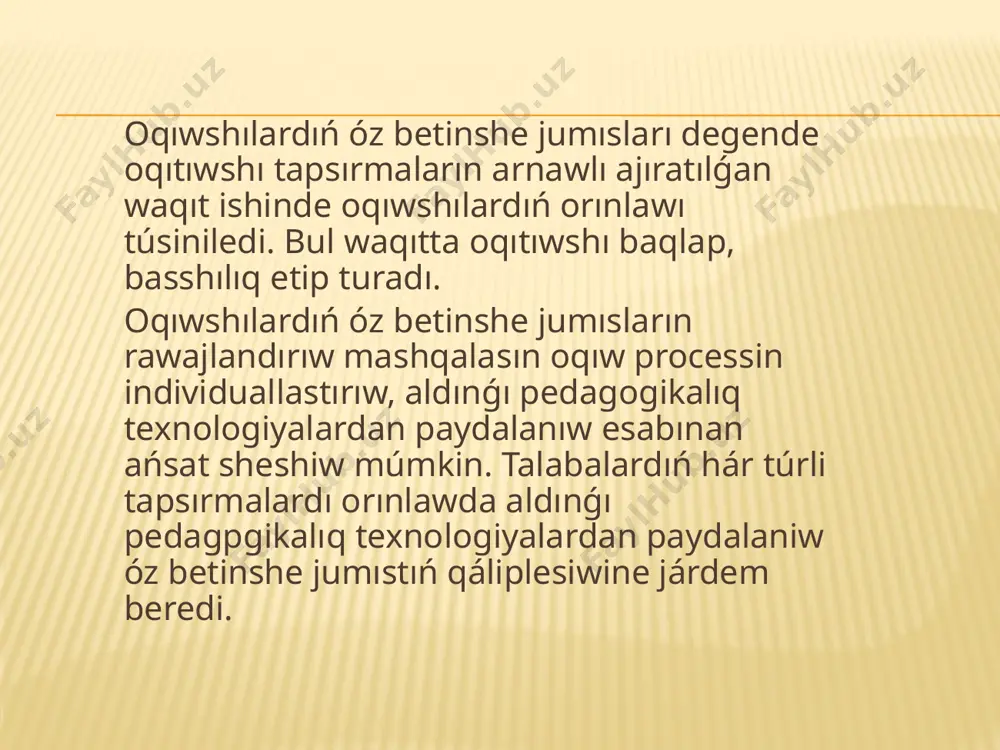 tiykarǵi derek kórgizbeli qurallar, tablicalar slaydlae tapsirmalar oqiw adebiyatları qosımsha ádebiyatlar óz betinshe jumis temasi oqitiwdi shólkemlestitiw usillari laboratoriya jumısı máseleler sheshiw didaktikalıq materiallar menen islew fizikalıq qubılıslardı baqńaw talabalardıń fizika tiykarların úyreniwleri, óz betinshe islew kónlikpelerin qáliplestiriwde tómendegi bilim, kónlikpe hám qaniygeliklerdi iyelewleri shárt: fizikalıq hádiyseler haqqında kóz – qaraslarǵa iye bolıw hám olardı analiz qıla alıw, fizikalıq hádiyselerdi baqlawdı rejelestiriw hám ótkiziw, nátiyjelerdi ulıwmalastırıw máselelerin orınlay alıw, ólshew asbaplarınan paydalana alıw, olardıń ólshew qáteliklerin bahalay alıw, ullı illimpazlar hám olardıń fizikaǵa qosqan úlesleri haqqında maǵlıwmatlarǵa iye bolıw, referat jazıw, laboratoriya jumısların orınlaw, dóretiwshilik máseleler sheshiw boyınsha kónlikpelerge iye bolıw, háe qıylı fizikalıq keshe, seminar, ushırasıw hám konferenciyalarǵa aktiv qatnasıw, fizikadan alǵan bilimlerin ámeliyatta qollanıp biliw. fizikadan oqıwshılardıń óz betinshe jumısın rawajlandırıw boyınsha xızmetiniń dúzilisi tómendegilerden ibarat: billiwge baylanıslı máseleni ajıratıp kórsetiw, háreket usılların anıqlaw hám qollanıw, máseleni sheshiwdiń jolların tabıw, ilimiy izleniw jumısların orınlaw. fizika predmeti hám fizika …