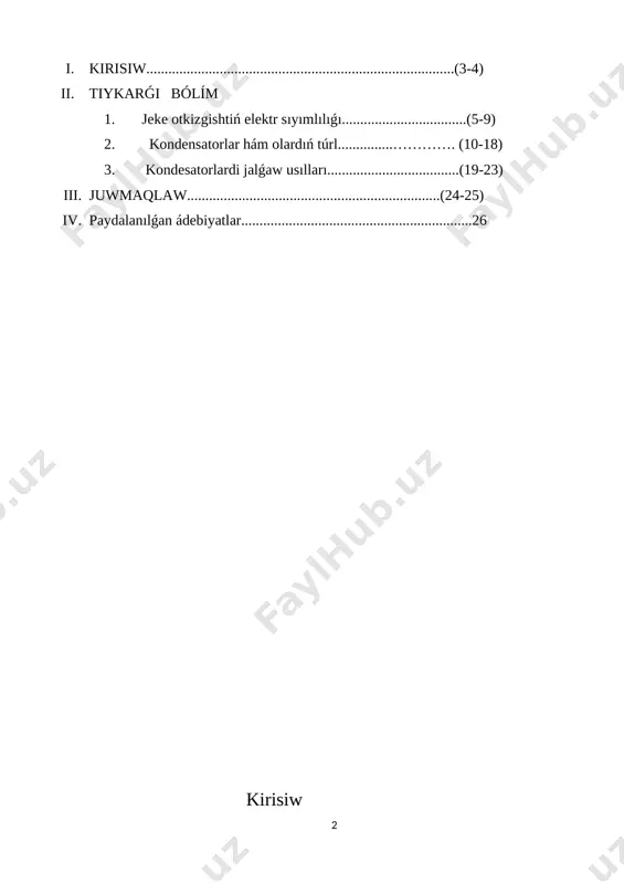 maydı. xalıq–ullı hám qádirli joldan ilgerilep baratırǵan úlken kárwanǵa megzeydi. onı joldan shalǵıtıwǵa urınıwshılar, waqtın kútip arqadan pıshaq tirewshiler barlıq waqıtta da bolǵan , bunnan keyin de bolıwı mumkin. kárwan qáwetersiz bolmas, degen gap bıykarǵa aytılmaǵan. bıraq xalıq kárwanın heshqanday kúsh tarta almaydı. nege degende, xalıqtıń kewlinde áwladlardan miyras jeńilmes kúsh – ruwxıy baylıǵımız bar. respublikamızdıń búgingi hám erteńgi taǵdiri jas áwladtıń kásiplik sheberligi, intellektual dárejesi, ruwxıy rawajlanıwı, fizikalıq salamatlıǵına baylanıslı. házirgi waqtda ulıwma orta tálim hám joqarı tálim sistemasında sociyallıq hám ilimiy texnikalıq izleniwlerge tiykarlanǵan halda úyreniletuǵin pánlerdiń birinshi gezekte usıllıq máseleler úlken orın iyeleydi. sonıń ushın házirgi dáwirde tálim mazmunına zamonagoy idealardı kiritiw, fundamental fizikalıq teoriyalar dárejesinde juwmaq shıǵarıwdı rawajlandırıw áhmiyetli bolıp esaplanadı. kurs jumısınıń aktuallılıgı: elektr sıyımlılıǵı hám olardı jalǵaw temasın oqıwshılarg’a tema túsinikli bolıwın támiynlewde zamanagóy pedagogikalıq texnologiya hám interaktiv metodlardan paydalanıw házirgi kún tálim beriw procesiniń aktual mashqalası esaplanadı. búgingi kúnde pán hám texnikanıń intensiv …