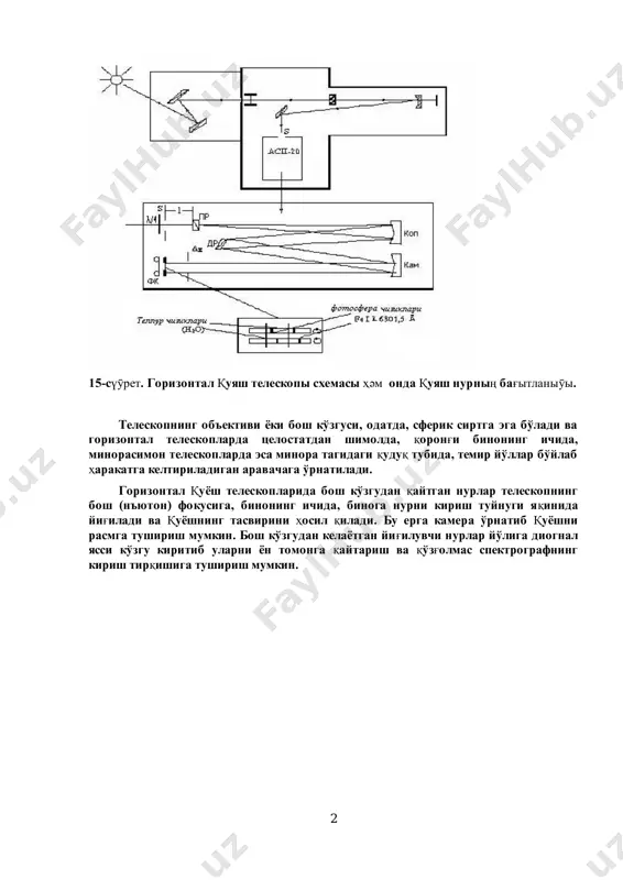 va teleskopning optik o'qini olam o'qi bo'ylab yo'naltirish mumkin. êo'zgudan nur hàììà âàqt bir yo'nalishda, teleskopning qo'zgolmas obúektivi tomon, qàéòàäè âà óíè ¸ðèòàäè. áóíäàé òåëåñêîïëàðäàí áèðè àqøíèíã êèòò-ïèê ìèëëèé observatoriyasida yana biri ýsa, rfa ning sibir bo'limi quyosh va er fizikasi instituti baykal astrofizik observatoriyasida o'rnatilgan. ìèíîðàñèìîí qó¸ø òåëåñêîïëàðèäà qo'shimcha ko'zgu vertikal o'q bo'ylab þqoriga ko'tarilishi yoki tushirilishi mumkin. bunday amal hàì öåëîñòàòäàí qaytgan nurni ilib olish va obúektiv tomon yo'naltirishga qàðàòèëãàí. öåëîñòàòíè meredian tekisligiga tik yo'nalishda o'rnatilgan temir yo'llar bo'ylab shàðqqà ¸êè g'àðáãà òîìîí ñóðèø ìóìêèí. öåëîñòàò ñîàò ìåõàíèçìè áèëàí qurollangan va u ko'zguni soatiga 7,5 burchak tezlik bilan olam o'qè àòðîôèäà àéëàíòèðàäè. 9-lektsiya gorizontal hәm vertikal quyash teleskoplari 2 15-sүӯret. ãorizontal quyash teleskopi sxemasi hәm onda quyash nurniң bag'itlaniӯi. teleskopning obúektivi yoki bosh ko'zgusi, odatda, sferik sirtga ýga bo'ladi va ãîðèçîíòàë òåëåñêîïëàðäà öåëîñòàòäàí øèìîëäà, qîðîíg'è áèíîíèíã è÷èäà, ìèíîðàñèìîí òåëåñêîïëàðäà ýñà ìèíîðà òàãèäàãè qóäóq tubida, temir yo'llar bo'ylab hàðàêàòãà …