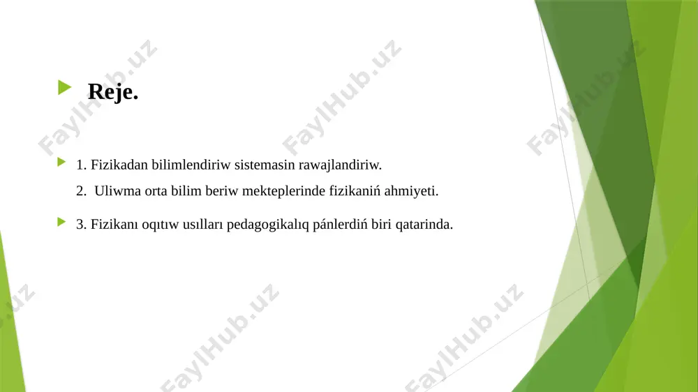 n zárúr bolǵan bilimlerge iye boladı. fizikanı oqıtıwdıń maqsetlerinen kelip shıqqan halda ulıwma orta bilimlendiriw mekteplerinde fizika kursınıń tiykarǵı wazıypaları sıpatında tómendegiler belgilengen: - oqıwshılardı fizikalıq qubılıslar, túsinikler, shamalar, modeller, nızamlar, ólshewler, fizikanıń ámeldegi jetiskenlikleri, álemniń fizikalıq kórinisine baylanıslı bilimler menen tanıstırıw; - fizikadan máselelerdi óz betinshe islew, fizikalıq qubılıslardı baqlaw hám olardı túsindire biliw, kónlikpelerdi qáliplestiriw; - oqıwshılardıń ilim-texnikanıń rawajlanıwı, fizika nızamlarınıń ámelde qollanılıwı menen tanısıtırw; - álem dúzilis hám ondaǵı qubılıslar haqqında bilimler beriw arqalı ilimiy dúnya qarastı rawajlanadırıw; - ullı oyshıllarımız hám házirgi dáwirdegi watanımız fizik ilimpazlarınıń miynetleri, bilimlendiriw mazmunın qorshaǵan ortalıq penen bayıtıw arqalı oqıwshılardı milliy ruxta tárbiyalaw; - bilimlendiriw mazmunın sociallıq turmıs hám texnika rawajlanaıwı menen baqlaw arqalı oqıwshılardı ańlı ráwishte kásipke baǵdarlaw, orta bilimlendiriw mekemelerinde oqıwdı dawam etiwleri ushın sharayat jaratıw; - fizikaǵa baylanıslı ásbap-úskenelerden paydalanıw, ápiwayı ólshew tájriybelerin islep biliw, olardıń nátiyjeleri tiykarında juwmaqlar shıǵarıw, qáwipsizlik qaǵıydalarına boysınıw kónlikpelerin qáliplestiriwden ibarat. fizikanı oqıtıw …
