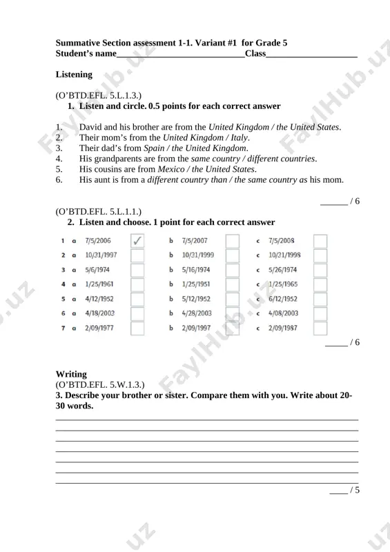 correct answer 1. where are you from? a. on june 6, 2010. 2. when________anna born? b. yes, they are 3. ____mark and james from c. i’m from russia. united kingdom? 4. where ____________ you born? d. yes, i was 5. is pedro __________mexico? e. no, he isn’t. he is from spain 6. ___________you born in april? f. in china. ____ / 5 5. read the text and answer to the questions. hot shots brad miller and his older sister, casey, are from the united states. brad is eleven, and casey is thirteen. they’re both sporty, and they’re both very good at playing basketball. brad and casey play on basketball teams. the other players on their teams are older and taller than them, but brad and casey are the star players. they practice basketball every day. someday they want to play for the los angeles lakers. 1. how old is brad?_____________ …