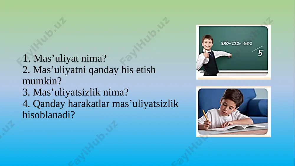 o’rquv va shubhalardan xoli inson erkin yashaydi, qaror qabul qilayotganda atrofga hadik bilan qaramaydi, cho’chimaydi. u natijalar uchun faol va mas’ul bo’ladi. 4. agar o’zingizni mas’uliyatsiz deb bilsangiz, kitob o’qing, odamlar bilan muloqotda bo’ling, o’z xatti-harakatlaringiz haqida o’ylang, xatolaringiz ustida ishlang. eyter – venn diagrammasi dangasalik har vaqt insonni xor qilur. abdulla avloniy azizlar, kelajagingizni porloq va chiroyli bo’lishini istasangiz, bunga hozirdan harakat qiling! aslo mas’uliyatsizlikka taslim bo’lmang. har bir ishga mas’uliyat bilan yondashing. chunki sizni ulkan marralar kutmoqda!!! e’tiboringiz uchun rahmat!!! image1.jpeg image2.png image3.jpeg image4.png image5.png image6.png image7.png image8.png image9.png image10.jpeg image11.png image12.png image13.png image14.jpeg image15.jpeg