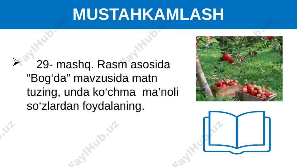 ne’mat. hayotning farovonligi, dasturxon to‘kinligi non bilan belgilanadi. shuning uchun ota-bobolarimiz nonni juda qadrlash-gan. nonni isrof qilishni eng katta gunoh sanashgan. nonning ushog‘i ham non i9 presentation to joe smith ‹#› 30- mashq matndagi gaplarning o‘zaro mazmuniy va grammatik bog‘lanishiga e’tibor bering. unda aks ettirilgan voqeaning mazmunini qayta hikoya qiling. i9 presentation to joe smith ‹#› 31- mashq matnni o‘qing. uning mavzusiga muvofiq sarlavha topishga harakat qiling. non qadri haqidagi fikrlari-ngizni bayon qiling. sarlavha nonni e’zozlagan qiz saboq buvisining nabirasi i9 presentation to joe smith ‹#› 10 32- mashq gaplarni ko‘chiring. ularning qanday mavzuga oid ekanligini aniqlang. 1. ayrilmagin elingdan, quvvat ketar belingdan. 2. baliq suv bilan tirik, odam – el bilan. 3. vatan qadrini bilmagan o‘z qadrini bilmas. 4. vatansiz inson – kuysiz bulbul. i9 presentation to joe smith ‹#› mustaqil bajarish uchun topshiriq: mavzu yuzasidan berilgan savollarga javob toping. 33-mashq. esingizda qolgan biror voqea haqida hikoya matni tuzing. …