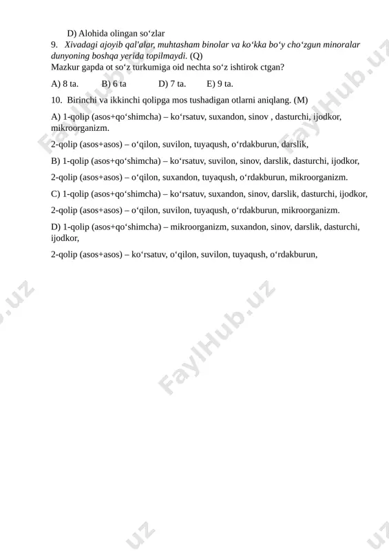 ikroorganizm. c) 1-qolip (asos+qo‘shimcha) – ko‘rsatuv, suxandon, sinov, darslik, dasturchi, ijodkor, 2-qolip (asos+asos) – o‘qilon, suvilon, tuyaqush, o‘rdakburun, mikroorganizm. d) 1-qolip (asos+qo‘shimcha) – mikroorganizm, suxandon, sinov, darslik, dasturchi, ijodkor, 2-qolip (asos+asos) – ko‘rsatuv, o‘qilon, suvilon, tuyaqush, o‘rdakburun,