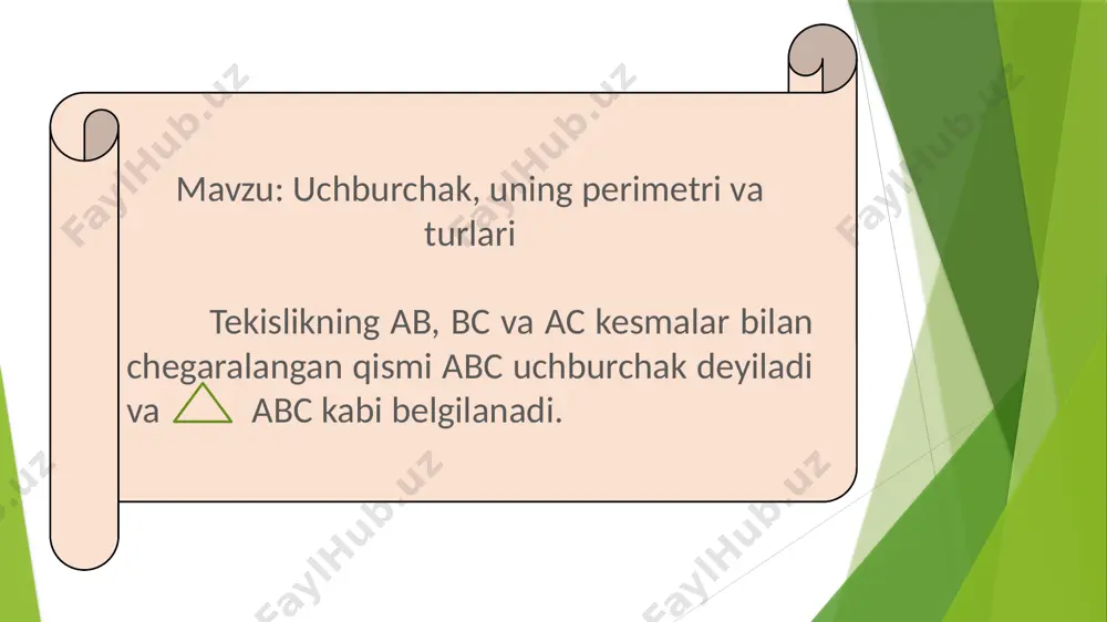 haklari 60 dan ekan. yechish: 2) shartga ko’ra uchburchakning ikkita burchagi teng ekan demak bu teng yonli uchburchak. bir burchagi 120 ga teng bo’lsa qolgan ikki burchagini quyidagicha topamiz: birinchi navbatda ichki burchaklar yig’indisidan ma’lum burchakni ayirib olamiz: 180 -120 = 60 keyingi qadam, qolgan burchaklar o’zaro teng bo’lgani uchun ayirmani ikkiga bo’lamiz: 60:2=30 qolgan burchaklar 30 dan ekan e’tiboringiz uchun rahmat!