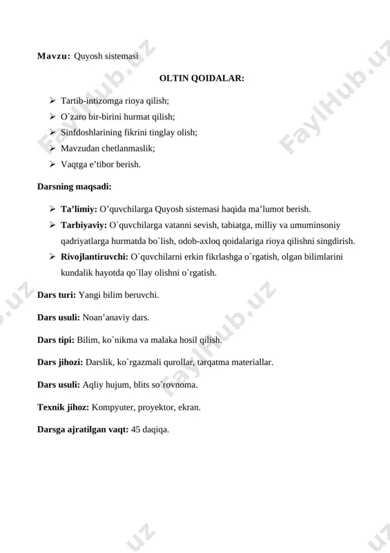 y vazifasini tekshirish uchun rasmlar orqali savol- javob qilinadi. har bir guruhdan o’quvchilar doskaga chiqib, rasmlardan tanlab ularga javob berishadi. yangi mavzu bayoni. insonlar qadimdan osmon jismlarini o’rganishga, koinot sirlarini bilishga qiziqishgan. datlab yerning shakli, uning o’lchamlari joylashuvi, harakati o’rganilgan bo’lsa, keyinchalik o’rta asrlarga kelib boshqa osmon jismlari ham o’rganila boshlandi. jumladan mil.av.asrlarda yunon olimlaridan pifagor yerning sharsimon ekanligi haqida fikr bildirgan. ix- xv asrlarda o’rta osiyo olimlaridan abu rayhon beruniy quyosh, oy va sayyoralar harakatini o’rgangan, muhammad al-xorazmiy quyosh va oyning tutilishi bo’yicha ilmiy izlanishlar olib borgan, al-farg’oniy “ astronomiya asoslari ” asarida osmon jismlari haqida ko’plab ma`lumotlar yozib qoldirgan. 1417-1420 – yillar ulug’bek samarqandda madrasa qurdirib unda ko’plab astronom va matematiklarni taklif etgan. rasadxona o’z davrining nodir binosi bo’lgan va o’z vaqtida o’sha davr uchun universitet vazifasini bajargan. buyuk astronom mirzo ulug’bek ishtirokida rasadxonaning asosiy ishi “ zidjiy ko’ragoniy ” “ ulug’bekning yulduzlar jadvali ” tuzilgan. bu jadvalda …