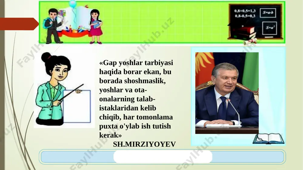 shou- “muzyorar” har bir guruhga 7 tadan savollar beriladi 2-shart. krossvordda matematikaga oid so’zlar yashiringan, shularni joyiga qo’yib yozing. savollar krossword javobini tekshiramiz yangi mavzu bayoni proporsiyaning chetki hadlari ko`paytmasi uning o`rta hadlar ko`paytmasiga teng .bu xossa proporsiyaning asosiy xossasi deyiladi. proporsiyaning bitta hadi noma`um bo`lishi mumkin.noma`lumni topish proporsiyani yechish deyiladi.masala: x:3=2,5:0,5 ; 0,5x=2,5∙3; x=2,5∙3:0,5 ; x=15 proporsiyani yechishda 3 ta miqdor berilib, to`rtinchi noma’lum miqdor topiladi. bu qoida “uch miqdor qoidasi” deb ham yuritiladi. proporsiyani yechishda “besh miqdor qoidasi” ham mavjud. 1.(abu rayhon beruniy masalasi.)agar 10 dirham (pul birligi) 2 oyda 5 dirham foyda keltirsa, 8 dirham 3 oyda qancha foyda keltiradi? yechish:masalani turli usullarda yechish mumkin. ulardan eng qulay usuli proporsiya tuzib yechish usulidir. 1) 8 dirham 3 oyda x dirham foyda keltiradi deylik. masalani qisqa shartini shunday tuzamizki dirhamga dirham, oyga oy, foydaga foyda mos qilib yozilganiga e’tibor beramiz: 10 dirham----2 oy---5 dirham foyda 8 dirham---- 3 …