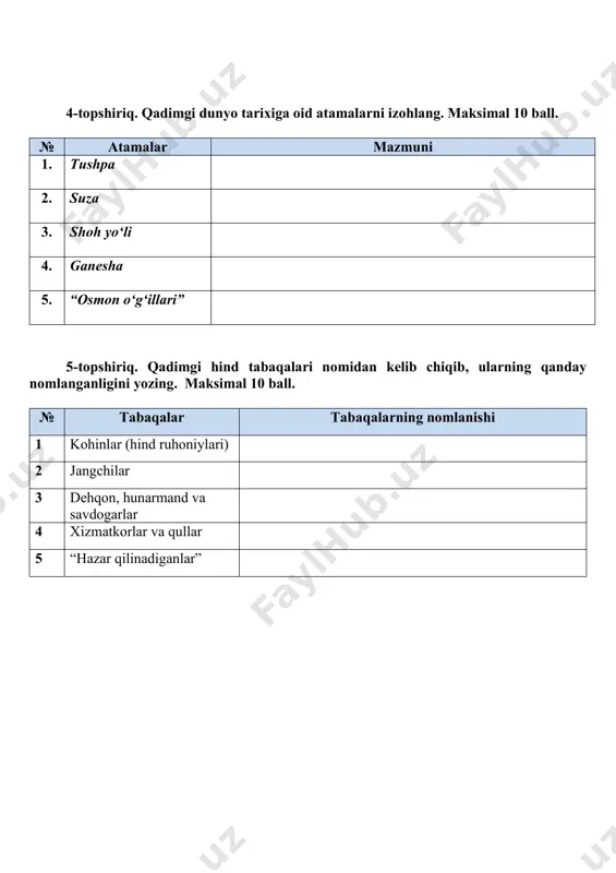 _______________________________________________ 2. navuxodonosor ii hukmronligi davrida yangi bobil podsholigi o‘z ravnaqining cho‘qqisiga erishdi. u bobilni ____________________________________________________________ https://sor-soch.com/ https://www.test-uz.ru/ @organish_uzb https://sor-soch.com/ https://www.test-uz.ru/ 4-topshiriq. qadimgi dunyo tarixiga oid atamalarni izohlang. maksimal 10 ball. № atamalar mazmuni 1. tushpa 2. suza 3. shoh yo‘li 4. ganesha 5. “osmon o‘g‘illari” 5-topshiriq. qadimgi hind tabaqalari nomidan kelib chiqib, ularning qanday nomlanganligini yozing. maksimal 10 ball. № tabaqalar tabaqalarning nomlanishi 1 kohinlar (hind ruhoniylari) 2 jangchilar 3 dehqon, hunarmand va savdogarlar 4 xizmatkorlar va qullar 5 “hazar qilinadiganlar” https://sor-soch.com/ https://www.test-uz.ru/