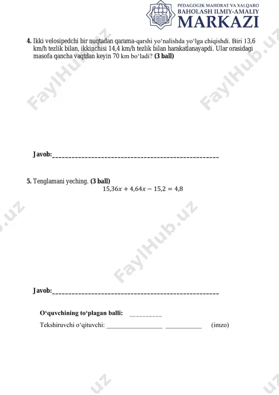 ii chorak. 6 sinf 5 bsb matematika umumtalim ii variant - Page 2
