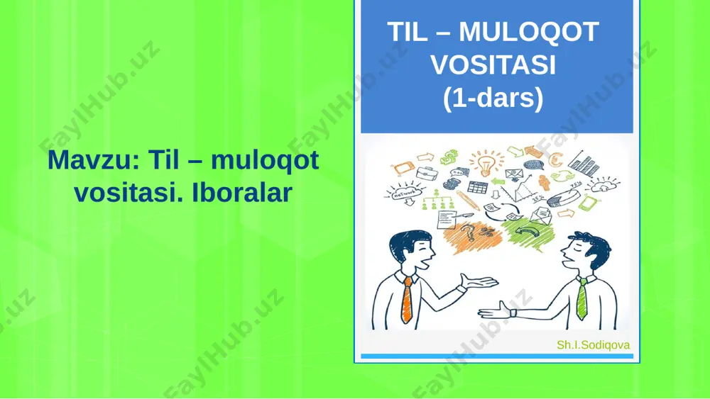 lardan biri. sh.i.sodiqova ibora til biriktirmoq til degan bir qarich, tili bir quloch, tili uzun tilga tushmoq tilga kelmoq, tilga kirmoq tiliga erk bermoq tilga olmoq tilini tishlamoq tili qichimoq tili bormadi ma’nosi aytolmadi gapirmoq aytgisi kelmoq aytmoq kelishmoq maqtanchoq tanilmoq (bemalol) gapirmoq afsuslanmoq sh.i.sodiqova ibora til biriktirmoq til degan bir qarich, tili bir quloch, tili uzun tilga tushmoq tilga kelmoq, tilga kirmoq tiliga erk bermoq tilga olmoq tilini tishlamoq tili qichimoq tili bormadi ma’nosi kelishmoq maqtanchoq tanilmoq gapirmoq (bemalol) gapirmoq aytmoq afsuslanmoq aytgisi kelmoq aytolmadi uyga vazifa sh.i.sodiqova xudoyberdi to‘xtaboyevning “sariq devni minib” asaridan olingan parchani o‘qing. ushbu matnga munosabatingizni yozma shaklda ifodalang. quyidagi jihatlarga e’tibor bering: muloqotga kirishgan suhbatdoshlarni aniqlang. ularning nutqida qanday kamchilik bor deb hisoblaysiz? matndagi ta’sirchan ifodalarni aniqlang va izohlang. tinish belgilarining qo‘llanish sabablarini izohlang. matn mazmunidan olgan xulosangizni yozing. image2.jpeg image3.png image4.png image5.png image6.png image7.png image8.png image9.png image10.jpeg image11.png image12.png image13.png image14.png image15.png image16.png …