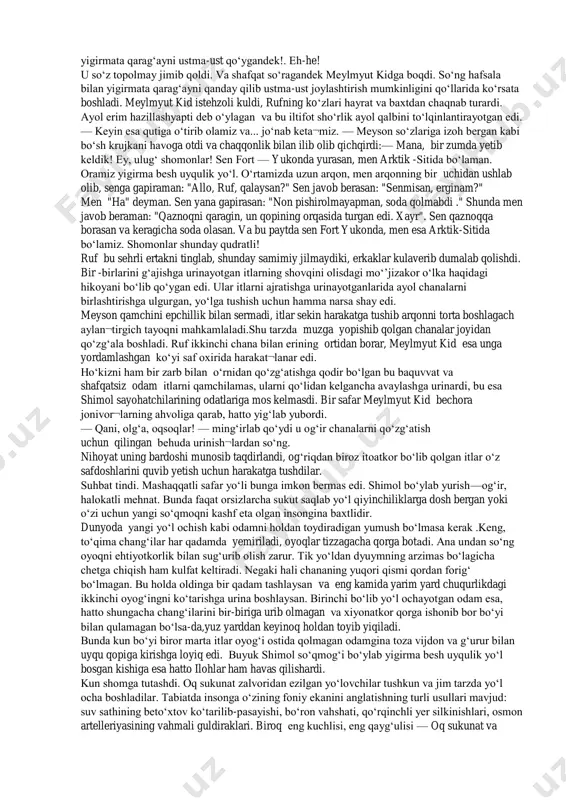 i. e’tiborsiz bo‘lsak, payt poylab tashlanib qolishlari hech gap emas. — men esa bir paytlar uslubchilar tashkilotini boshqarib, yakshanba maktablarida dars berganman. nima uchundir bu mavzuda so‘z ochgan meyson mokasinalarini1 tomosha qilganicha o‘yga cho‘mgandi. ruf unga qahva uzatib, xayollar changalidan ozod etdi. — xudoga shukr, hozircha bizda choy bor. men hovlimizda, tennessida, choyning qanday o‘sishini ko‘rganman. ayni paytda issiqqina jo‘xori noni uchun nimalarni bermasdim-a? qayg‘urma, ruf, yana ozgina qoldi, shundan so‘ng ochlikdan qutulasan, mokasina kiyib yurishga ham hojat qolmaydi. bu so‘zlardan keyin ayol ortiq xo‘rsinmay qo‘ydi. ko‘zlarida oq tanli xo‘jayiniga bo‘lgan muhabbat uchqunlari porlay boshladi. meyson u duch kelgan birinchi oq tanli odam, unga ayol siymosida qandaydir yoqimsiz hayvonni emas, o‘zgacha bir xilqatni ko‘rish ham mumkinligini anglatgan birinchi erkak edi. — ha, ruf, — eri ikkovlarigina tushunadigan tilda davom etdi, — tez orada biz bu yerlardan qutu¬lamiz, oq tanli kishining qayig‘iga o‘tirib olamiz-da, sho‘r suv bo‘ylab suzib ketamiz. ha, bu …