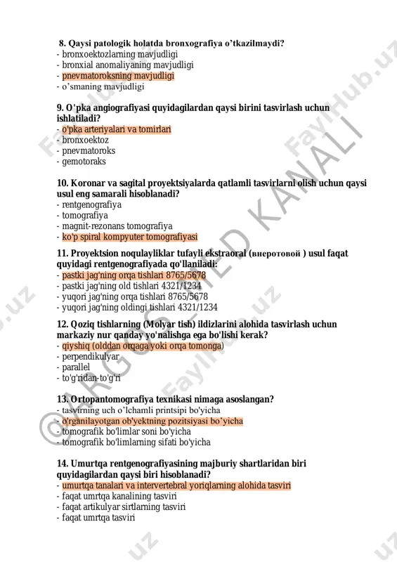 rentgenografiya - tomografiya - magnit-rezonans tomografiya - ko'p spiral kompyuter tomografiyasi 11. proyektsion noqulayliklar tufayli ekstraoral (vnerotovoy ) usul faqat quyidagi rentgenografiyada qo'llaniladi: - pastki jag'ning orqa tishlari 8765/5678 - pastki jag'ning old tishlari 4321/1234 - yuqori jag'ning orqa tishlari 8765/5678 - yuqori jag'ning oldingi tishlari 4321/1234 12. qoziq tishlarning (molyar tish) ildizlarini alohida tasvirlash uchun markaziy nur qanday yo'nalishga ega bo'lishi kerak? - qiyshiq (olddan orqaga yoki orqa tomonga) - perpendikulyar - parallel - to'g'ridan-to'g'ri 13. ortopantomografiya texnikasi nimaga asoslangan? - tasvirning uch o’lchamli printsipi bo'yicha - o'rganilayotgan ob'yektning pozitsiyasi bo’yicha - tomografik bo'limlar soni bo'yicha - tomografik bo'limlarning sifati bo'yicha 14. umurtqa rentgenografiyasining majburiy shartlaridan biri quyidagilardan qaysi biri hisoblanadi? - umurtqa tanalari va intervertebral yoriqlarning alohida tasviri - faqat umrtqa kanalining tasviri - faqat artikulyar sirtlarning tasviri - faqat umrtqa tasviri @argos_m ed kanali user highlight user highlight user highlight user highlight user highlight user highlight user …