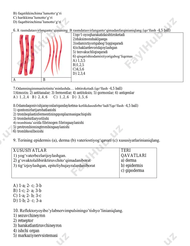 umotto‘g‘ri c) harikkima’lumotto‘g‘ri d) faqatbirinchima’lumotto‘g‘ri 6. a rasmdatasvirlanganto‘qimaning b rasmdatasvirlanganto‘qimadanfarqinianiqlang.(qo‘llash -4,5 ball) 1)qo‘l-oyoqharakatidaishtiroketadi 2)duksimonshaklgaega 3)odamixtiyorigabog‘liqqisqaradi 4)ichaklardevoridajoylashgan 5) tezvakuchliqisqaradi 6) qisqarishiodamixtiyorigabog‘liqemas a) 1,3,5 b)1,2,5 c)4,5,6 d) 2,3,4 a b 7.odamningimmunitetinita’minlashda… ishtiroketadi.(qo‘llash -4,5 ball) 1)timozin; 2) antitanalar; 3) fermentlar; 4) antitoksin; 5) gormonlar; 6) antigenlar a ) 1 ,2 ,4 b) 2 ,4 ,6 c) 1 ,2 ,6 d) 3 ,5 ,6 8.odamdaqonivishjarayonlariqandayketma-ketlikdasodirbo‘ladi?(qo‘llash -4,5 ball) 1) qontomirlarijarohatlanishi 2) tromboplastinfermentiningqonplazmasigachiqishi 3) trombotsitlaryorilishi 4) trombinta’sirida fibrinogen fibringaaylanishi 5) protrombinningtrombingaaylanishi 6) trombhosilboiishi 9. terining epidermis (a), derma (b) vateriostiyog‘qavati (c) xususiyatlarinianiqlang. xususiyatlar 1) yog‘vaterbezlarijoylashgan. 2) g‘ovaktolalibiriktiruvchito‘qimadaniborat 3) tig‘izjoylashgan, epiteliyhujayralardaniborat teri qavatlari a) derma b) epidermis c) gipoderma a) 1-a; 2- c; 3-b b) 1-c; 2- a; 3-b c) 1-a; 2- b; 3-c d) 1-b; 2- c; 3-a 10. reflektoryoyibo’ylabnervimpulsiningo’tishyo’linianiqlang. 1) sezuvchineyron 2) retseptor 3) harakatlantiruvchineyron 4) ishchi organ 5) markaziynervsistemasi a) 4-3-5-1-2 b) 4-2-1-5-3 c) 2-3-5-1-4 d) 2-1-5-3-4 11. berilgan ro’yxatdan ichki quloqning qismlarini aniqlang …