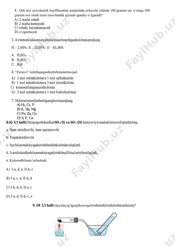shibsulfatkislotahosilqiladi. d. asoslioksidlarbilanreaksiyagakirishibsulfittuzlarinihosilqiladi. e. kislorodbilanta’sirlashadi. a) i-a, d, e; ii-b, c b) i-a, c, e; ii-b, d c) i-b, d, e; ii-a, c d) i-a, d; ii-b, c, e 9. (m 5,5 ball) quyidayig‘lganjihozorqalivodorodxloridolishmumkinmi? a) ha, chunkivodorodxloridqizdiribolinadi b) yo‘q, chunkivodorodxloridsuvdayaxshieriydi. c) ha, chunkijihozninggermetikligita’minlangan d) yo‘q, chunkivodorodxloridqizdiribolinmaydi 10. 82 g h2so3 olishuchun (n.sh.) necha mol oltin gugurt (iv)oksid kerak bo‘ladi? a) 0,5 b) 1 c) 2 d) 0,25 11. reaksiya tezligi koeffitsiyenti 2 ga teng bo‘lib, harorat 30°c dan 60°c gacha ortganda reaksiya tezligi necha marta ortadi? a) 8 b) 10 c) 15 d) 15 12. berilgan fikrlarning to‘g‘ri ekanligini aniqlang. a) azot qo‘sh oksidining azo tdioksidigacha parchalanishi qayta rreaksiya hisoblanadi. b reaksiyadaboshlang‘ichmahsulotlarvahosilbo‘lganmahsulotlarhechqachonbir- birigaaylanibturmaydi c) bariysulfatkislotavaishqorlardayaxshieriydi. d) boshlang‘ichmoddalar har doimto‘liqreaksiyagakirishadi. 13. (b 2,5 ball)metallmaslarga xos xususiyatlarni aniqlang. 1. o‘zarota’sirlashuvidankovalentbog‘libirikmalarhosilbo‘ladi. 2. barchametallmaslar p-elementlarhisoblanadi. 3. elektrmanfiyligi 1,8—4,00 oralig‘idabo‘ladi. 14 (b 2,5 ball) vodorod metallar bilan hosil qilgan gidridlarida qanday oksidlanish darajasini hosil qiladi? …