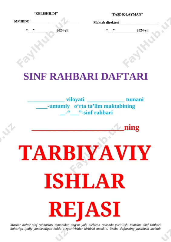 iyatlarga xurmat, mustakillik yillarida qilingan ishlar yutug'i, vatanimiz an'analarga boy milliy merosimizga sadoqat ruhida tarbiyalashni tashkil qilish. 5. xaftada bir marta o'tkaziladigan tarbiyaviy soatining o'tkazilishining to'g'ri tashkil etib, unga xaqqoniy yondashish. 6. sinf rahbari har bir o'quvchining shaxsini, pedagogik-psixologik xarakterini o'rganish, shu asosda diniy aqidaparastlikka qarshi kurash bo'yicha tushuntirish ishlarini olib borishi, voyaga yetmaganlar bilan ishlash ishlarini takomillashtirishi lozim. 7. sinf o'quvchilarning ota-onalari bilan bamaslaxat ish tutgan holda o'quvchilardagi iqtidor, malaka va ko'nikmalarni aniqlaydi va shakllantiradi. 8. o'quvchilarning yil davomidagi darsga qatnashish davomati uchun shaxssan ma'sulligini xis qilgan holda sinf jurnaliga o'quvchilarni darsga qatnashganligi yoki qatnashmaganligi to'g'risidagi ma'lumotlarni qayd qilib yuradi. 9. sinf o'quvchilarini odob-ahloq qoidasi, texnika xavsizligi qoidalari hamda maktab nizomida belgilangan qonun qoidalar bilan tanishtirib boradi va o'quvchilarning ushbu qonunlarga buysunishini nazorat qiladi. 10. o'quvchilarning maktab kutubxonasi va shuningdek yaqin atrofdagi maktabqa kutubxonalar bilan o'zaro aloqa o'rnatishini nazorat qiladi. 11. sinf o'quvchilari bilan birga maktab direktori ko'rsatmalariga asosan …