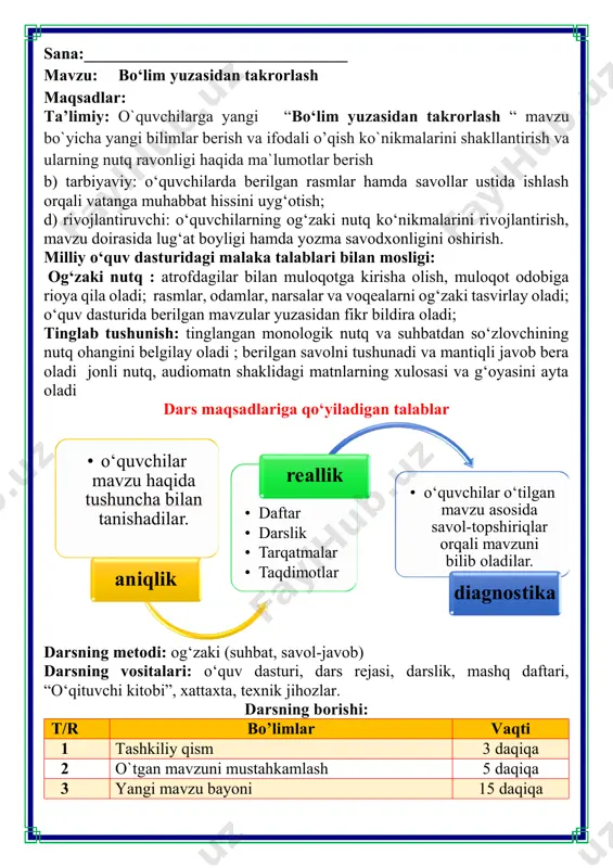fa 2 daqiqa jami 45 daqiqa i.tashkiliy qism, sinf tozaligi, o`quvchilar bilan salomlashish: mana bugun ochiq dars, xush kelibsiz, azizlar. dars o’tib xushnud qilay, tahlil qiling ustozlar. *** agarda qilsam xato xulosaga shoshilmang. beayb parvardigordir, bunga hech shubha qilmang. *** darslarga kirsangiz gar, haftasiga bir bora. shunda balkim bizlarni, bosmas hayajon sira. *** marhamat kiring do’stlar, doim darsga tayyormiz. ko’taramiz tanqidni, biz axir ustozlarmiz. so`zlarning eng shirini, ochiq aytay sirini, odob bog`in sharbatin, qalb gavharin qimmatin, qo`l berib shu so`z bilan, dillar qulfin ochamiz. aql nurin sochamiz. qaysi shirin so`z ekan? assalomu alaykum! ____bolajonlar omonmisiz? bugun darsga tayyormisiz? ____ ha, ustozjon, omonmiz, bugun darsga tayyormiz! dars shiori ii. o`tgan mavzuni mustahkamlash.o’quvchilarni bilim va ko’nikmalari tekshiriladi savollar orqali uyga berilgan vazifa so’ralib o’quvchilar baholanadi. berilgan ma'lumotlarni oʻqing. bu ma'lumotlar qaysi qahramonlarga tegishli ekanini aniqlang. rubob metodik o’yini quvnoq dam olish daqiqalari o’tiramiz o’g’il- qiz, barchamiz ahil-inoq. o’rnimizdan turamiz, asta joyda yuramiz, …
