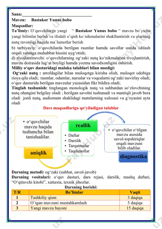 fa so’ralib o’quvchilar baholanadi. berilgan ma'lumotlarni oʻqing. bu ma'lumotlar qaysi qahramonlarga tegishli ekanini aniqlang. banan metodik o‘yini quvnoq dam olish daqiqalari o’tiramiz o’g’il- qiz, barchamiz ahil-inoq. o’rnimizdan turamiz, asta joyda yuramiz, qo’llarni ko’taramiz, so’ngra chapak chalamiz. qo’llarni tushiramiz, boshni chapga va o’ngga aylantirib olamiz. birozgina dam olib keyin yana yozamiz. iii.yangi mavzu bayoni: yunus rajabiy - o‘zbekiston xalq artisti, milliy san’at rivojida ulkan hissa qo'shgan bastakor, musiqachi, folklorshunos olim va ko'plab iste’dodli musiqachilarning ustozi. yunus rajabiy asrlar davomida avloddan avlodga o‘tib kelgan 1500 dan ortiq o'zbek, tojik va uyg‘ur tillaridagi xalq qo'shiqlari va navolarini jamlab, ularni yo'qolib ketishdan saqlab qolgan. bastakor yunus bobo abdulla po‘latov bastakor yunus bobo, navolari dilrabo! xalqqa qildilar xizmat, xizmatda-ku, ko‘p hikmat. kuylaganda “shashmaqom” dillarga berar orom. undagi usul, kuylar, uzoq o‘tmishdan so‘ylar. xalqlarning oh-u zori, og‘ir kun intizori. ko‘z yoshi-yu fig oni, to‘kilgan qutlug‘ qoni. barcha nolalar ayon, unda etilgan bayon. bastakor yunus bobo, navolari …