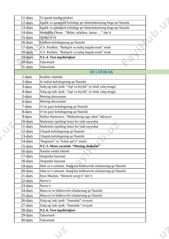 k 1 19-dars n.i.-4. test topshiriqlari 1 20-dars takrorlash 1 21-dars takrorlash 1 iii chorak 1-dars ertaklar olamida 1 2-dars jo‘nalish kelishigining qo‘llanishi 1 3-dars xalq og‘zaki ijodi. “aql va boylik” (o‘zbek xalq ertagi) 1 4-dars xalq og‘zaki ijodi. “aql va boylik” (o‘zbek xalq ertagi) 1 5-dars mening darsxonam 6-dars mening darsxonam 1 7-dars o‘rin payt kelishigining qo‘llanishi 1 8-dars o‘rin payt kelishigining qo‘llanishi 1 9-dars hulkar hamroeva. “mehnatning tagi rohat” hikoyasi 1 10-dars shahrimiz (qishlog‘imiz) bo‘ylab sayyohat 1 11-dars shahrimiz (qishlog‘imiz) bo‘ylab sayyohat 1 12-dars chiqish kelishigining qo‘llanishi 1 13-dars chiqish kelishigining qo‘llanishi 1 14-dars “registon” va “ichan qal’a” matni 1 15-dars n.i.-5. matn yaratish. “mening shahrim” 1 16-dars xatolar ustida ishiash 1 17-dars onajonlar bayrami 1 18-dars onajonlar bayrami 1 19-dars sifat so‘z turkumi. rang-tus bildiruvchi sifatlarning qo‘llanishi 1 20-dars sifat so‘z turkumi. rang-tus bildiruvchi sifatlarning qo‘llanishi 1 21-dars ilyos muslim. “birinchi sovg‘a” she’ri 1 22-dars navro‘z 1 …