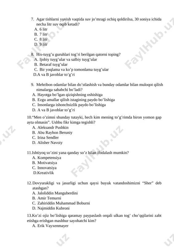 er” deb atashgan? 1. jaloliddin manguberdini 1. amir temurni 1. zahiriddin muhammad boburni 1. najmiddin kubroni 13.ko’zi ojiz bo’lishiga qaramay paypaslash orqali ulkan tog’ cho’qqilarini zabt etishga erishgan mashhur sayohatchi kim? 1. erik vayxenmayer 1. anatol frans 1. miran saxatov 1. irena sendler 14.“boshqalarga ko’mak ber” filmining bosh qahramoni kim? 1. artur ismli yigit 1. trever ismli bola 1. stiv ismli bola 1. janetta ismli qizaloq 15.umumiy maqsadga erishish uchun bir qancha odamlarning birgalikdagi intilishiga nima deyiladi? 1. ishbilarmonlik 1. uddaburonlik 1. hamkorlik 1. shartnoma 16.xatiko laqabli qahramon itning tarixi qachon va qayerda boshlangan? 1. 1920-yil amerika qo’shma shtatlarida 1. 1925-yilda yaponiyada 1. 1930-yilda xitoyda 1. 1935-yilda janubiy koreyada 17.“kichkina bir yaxshilik qilish uchun ham odam buyuk odam bo’lishi kerak; katta yomonlik qilishga kichik odam ham qodir”. ushbu fikr kimga tegishli ekanligini aniqlang? 1. po’lat mo’min 1. asqad muxtor 1. anbar otin 1. muhammad yusuf 18.abu ali ibn sinoni yevropada …