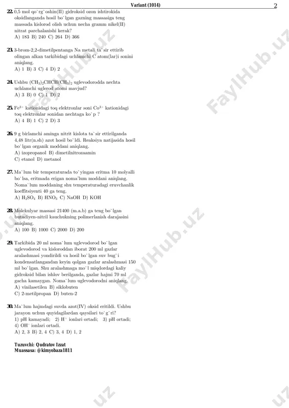 8 d) 4, 5, 6, 8 13. mis(ii) nitrat va kumush nitratlarning 0,2 molyarli eritmalaridan 200 ml dan aralashtirilib, so`ngra 0,03 faradey tok bilan elektroliz qilindi. elektroliz tugagandan keyin eritmada qolgan nitrat kislotaning massasini (g) hisoblang. a) 1,89 b) 5,04 c) 2,52 d) 3,78 14. reaksiya tezligini 8 marta oshirish uchun temperaturani necha gradusga (selsiy) oshirish kerak? ( γ=2 ) a) 30 b) 40 c) 20 d) 50 15. sirka kislota, etanal va metanoldan iborat 80 g aralashma teng ikki qismga ajratildi. birinchi qism natriy karbonat eritmasida eritilishi natijasida 0,125 mol gaz ajraldi. ikkinchi qismi kumush oksidining ammiakdagi eritmasida oksidlanishi natijasida 1 mol cho`kma ajraldi. dastlabki aralashmadagi metanol massasini (g) aniqlang. a) 4 b) 5 c) 2 d) 6 16. 200 g 17% li kumush nitrat eritmasiga 39 g kaliy bo`lakchasi tashlandi. oxirgi eritma massasini (g) aniqlang. a) 215,8 b) 214,8 c) 238 d) 239 17. doimiy tok manbaiga ketma-ket …