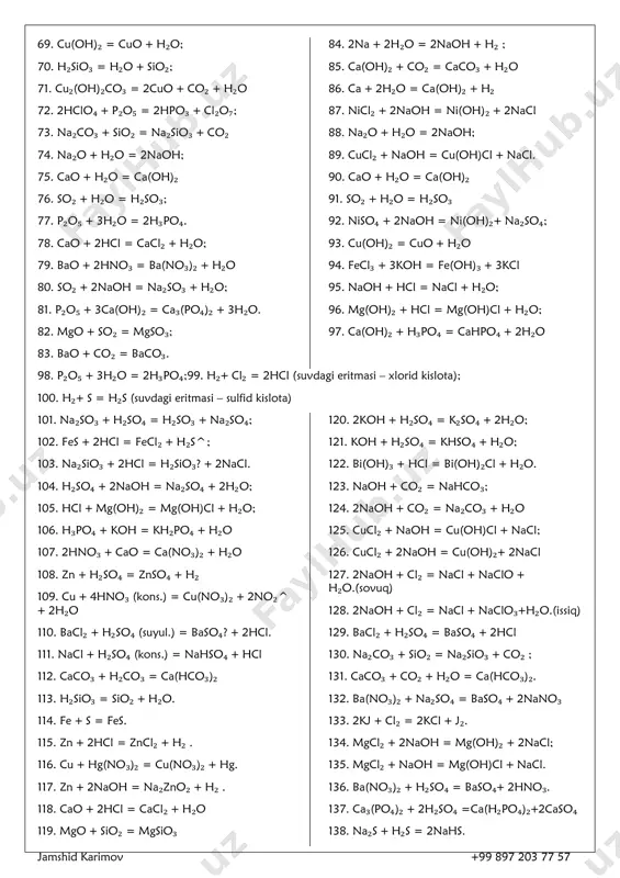 + sio₂ = na₂sio₃ + co₂ 74. na₂o + h₂o = 2naoh; 75. cao + h₂o = ca(oh)₂ 76. so₂ + h₂o = h₂so₃; 77. p₂o₅ + 3h₂o = 2h₃po₄. 78. cao + 2hcl = cacl₂ + h₂o; 79. bao + 2hno₃ = ba(no₃)₂ + h₂o 80. so₂ + 2naoh = na₂so₃ + h₂o; 81. p₂o₅ + 3ca(oh)₂ = ca₃(po₄)₂ + 3h₂o. 82. mgo + so₂ = mgso₃; 83. bao + co₂ = baco₃. 84. 2na + 2h₂o = 2naoh + h₂ ; 85. ca(oh)₂ + co₂ = caco₃ + h₂o 86. ca + 2h₂o = ca(oh)₂ + h₂ 87. nicl₂ + 2naoh = ni(oh)₂ + 2nacl 88. na₂o + h₂o = 2naoh; 89. cucl₂ + naoh = cu(oh)cl + nacl. 90. cao + h₂o = ca(oh)₂ 91. so₂ + h₂o = h₂so₃ 92. niso₄ + 2naoh = ni(oh)₂+ na₂so₄; 93. cu(oh)₂ = cuo + h₂o 94. fecl₃ + 3koh …