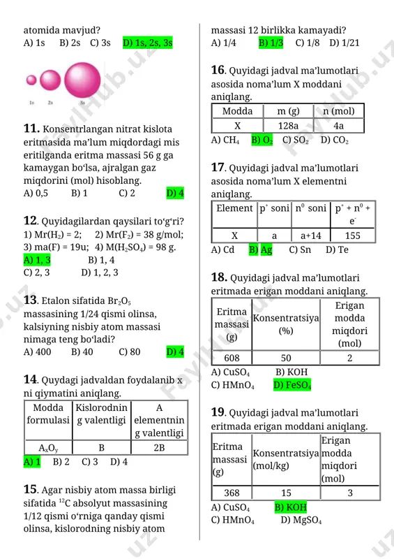 biy atom massasi nimaga teng bo‘ladi? a) 400 b) 40 c) 80 d) 4 14. quydagi jadvaldan foydalanib x ni qiymatini aniqlang. modda formulasi kislorodning valentligi a elementning valentligi axoy b 2b a) 1 b) 2 c) 3 d) 4 15. agar nisbiy atom massa birligi sifatida 12c absolyut massasining 1/12 qismi o‘rniga qanday qismi olinsa, kislorodning nisbiy atom massasi 12 birlikka kamayadi? a) 1/4 b) 1/3 c) 1/8 d) 1/21 16. quyidagi jadval ma’lumotlari asosida noma’lum x moddani aniqlang. modda m (g) n (mol) x 128a 4a a) ch4 b) o2 c) so2 d) co2 17. quyidagi jadval ma’lumotlari asosida noma’lum x elementni aniqlang. element p+ soni n0 soni p+ + n0 + e- x a a+14 155 a) cd b) ag c) sn d) te 18. quyidagi jadval ma’lumotlari eritmada erigan moddani aniqlang. [bookmark: _goback]eritma massasi (g) konsentratsiya (%) erigan modda miqdori (mol) 608 50 2 a) cuso4 …