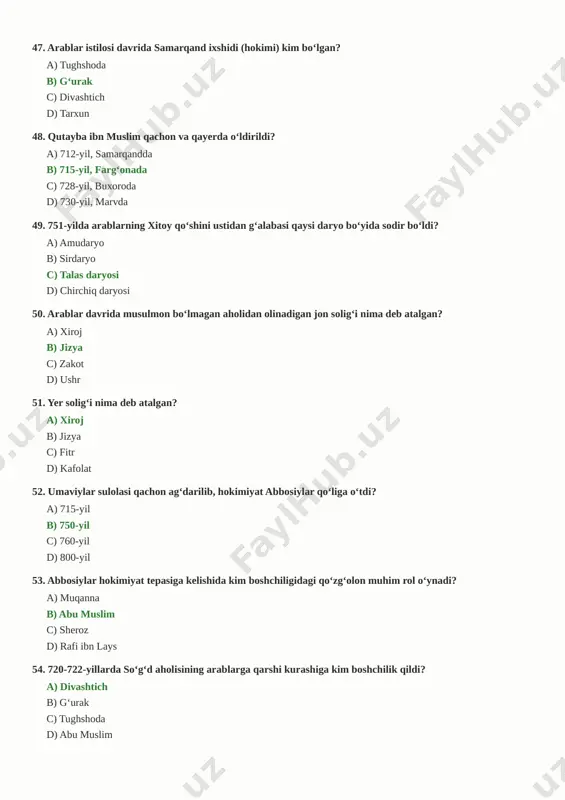 so‘nggi janggacha turib berdi? a) samarqand b) mug‘ tog‘i (abargar qal’asi) c) varaxsha d) poykand 56. 'oq kiyimlilar' qo‘zg‘oloni rahbari kim? a) abu muslim b) rafi ibn lays c) muqanna d) nasr ibn sayyor 57. muqannaning asl ismi nima edi? a) hoshim ibn hakim b) horun ar-rashid c) yahyo ibn xolid d) abdulloh ibn tohir 58. muqanna qo‘zg‘oloni qancha davom etdi? a) 5 yil b) 10 yil c) 14 yil (769-783-yy.) d) 20 yil 59. muqanna tarafdorlari qaysi qal’ada so‘nggi marta qarshilik ko‘rsatdi? a) mug‘ tog‘i b) som qal’asi c) samarqand d) marv 60. 806-810-yillarda movarounnahrda arab xalifaligiga qarshi kim qo‘zg‘olon ko‘tardi? a) muqanna b) rafi ibn lays c) ismoil somoniy d) yaqub ibn lays 61. rafi ibn lays qo‘zg‘olonini bostirishda xalifaga yordam bergan mahalliy sulola vakillarini aniqlang: a) qoraxoniylar b) somoniylar c) g‘aznaviylar d) saljuqiylar 62. 821-yilda xuroson noibi etib tayinlangan va tohiriylar sulolasiga asos solgan shaxs: a) tohir …
