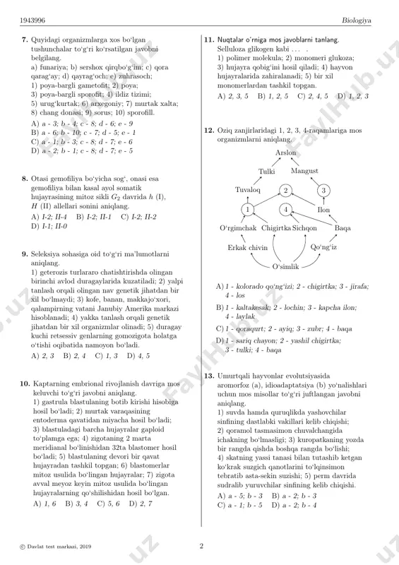 lla uchraydi. (tabiiy holda tarqalgan.) a) b, c b) c, d c) a, b d) b, d 5. dnk fragmentida jami 1632 ta vodorod bog‘i mavjud bo‘lib, ushbu dnk fragmentining uzunligi 231,2 nm ga teng. ushbu dnk fragmenti haqidagi to‘g‘ri fikrni aniqlang. a)dnk qo‘sh zanjirida jami 1360 ta nukleotid bo‘lib, undagi timin nukleotidlari 270 ta ga teng b)dnk qo‘sh zanjirida 408 ta adenin nukleotidlari bo‘lib, adenin-timin juftligi o‘rtasida 816 ta vodorod bog‘i mavjud c)dnk qo‘sh zanjirida 272 ta guanin nukleotidlari bo‘lib, u umumiy nukleotidlarning 40% ini tashkil etadi d)dnk qo‘sh zanjirida jami 680 ta nukleotid mavjud 6. issiqqonli organizmlar keltirilgan javobni belgilang. a) shimpanze, yaguar, yexidna b)olaqarg‘a, oq sla, olmaxon c)orangutan, ondatra, oqcha d)emu, echkiemar, echki c© davlat test markazi, 2019 1 1943996 biologiya 7. quyidagi organizmlarga xos bo‘lgan tushunchalar to‘g‘ri ko‘rsatilgan javobni belgilang. a) funariya; b) sershox qirqbo‘g‘im; c) qora qarag‘ay; d) qayrag‘och; e) zuhrasoch; 1) poya-bargli gametofit; 2) …