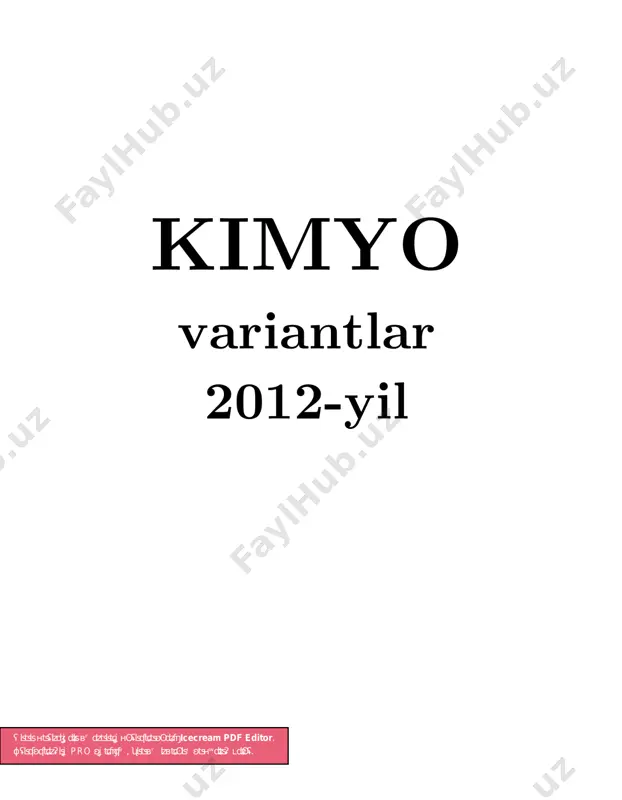 ildi va 20°c gacha sovutildi. oxirgi gazlar aralashmasining o‘rtacha molyar massasini (g/mol) aniqlang. a) 37,5 b) 30 c) 15 d) 45 9. rux va alyuminiydan iborat qotishmaga konsentrlangan nitrat kislota ta’sir ettirilganda 8,96 l (n. sh.) gaz ajraldi. xuddi shunday massadagi qotishmaga ishqor bilan ishlov berilganda ham 11,2 l (n. sh.) gaz ajraldi. boshlang‘ich qotishmadagi alyuminiyning mol ulushini (%) toping. a) 30 b) 70 c) 50 d) 60 10. 103 g h2so4 ning suvli eritmasi tarkibida 3,01∙1024 dona kislorod atomi bor. eritmaga 20 g suvsiz h2so4 qo‘shilgandan keyin hosil bo‘lgan eritmadagi kislotaning massa ulushini (%) aniqlang. a) 63 b) 47 c) 44 d) 56 11. 75,6 g zn(no3)2 ni qizdirilgandan keyin qolgan qattiq qoldiq 43,2 g ga teng bo‘ldi. shu qoldiqdagi metallning massasini (g) aniqang. a) 26 b) 13 c) 6,5 d) 10 12. kno3 va cu(no3)2 dan iborat 78 g aralashma qizdirilganda, 28 g gazlar aralashmasi hosil bo‘lsa, reaksiyada …