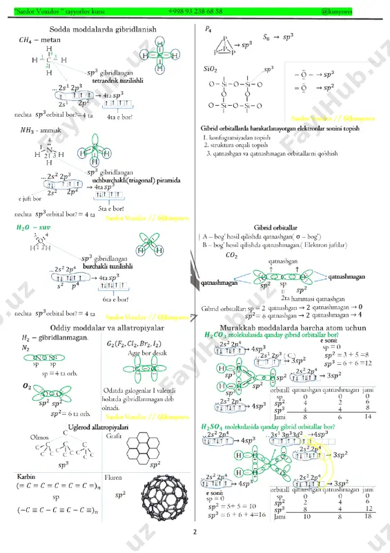 a) a – 12; b - 6 a) a – 16; b - 3 c) a – 12; b - 9 d) a – 16; b – 6 15. ch2=ch-ch2-c≡ch molekulasi uchun quyidagilarni to’g’ri juftlang. sp sp2 sp3 → orbitallar a) 2 6 4 b) 2 2 1 c) 4 6 4 d) 4 6 0 16. ch2=c=ch-ch2-c≡ch molekulasi uchun quyidagilarni to’g’ri juftlang. sp sp2 sp3 → orbitallar a) 4 9 4 b) 6 6 4 c) 4 6 4 d) 6 9 8 17. h2so4 molekulasida sp3 orbitallarda nechta elektron harakatlanadi? a) 22 b) 20 c) 16 d) 24 18. hno2 molekulasida sp2 orbitallarda nechta elektron harakatlanadi? a) 8 b) 9 c) 6 d) 10 19. fenoksisirka kislota molekulasida sp2 orbitallarda nechta elektron harakatlanadi? a) 25 b) 26 c) 24 d) 28 20. h2so3 molekulasida sp3 orbitallarda nechta elektron harakatlanadi? a) 14 b) 17 c) 16 d) 12 21. …